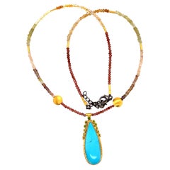 JAS-19-1845 - 24K GOLD/STERLING SILVER w KINGMAN TURQUOISE & MULTI COLOR BEADS