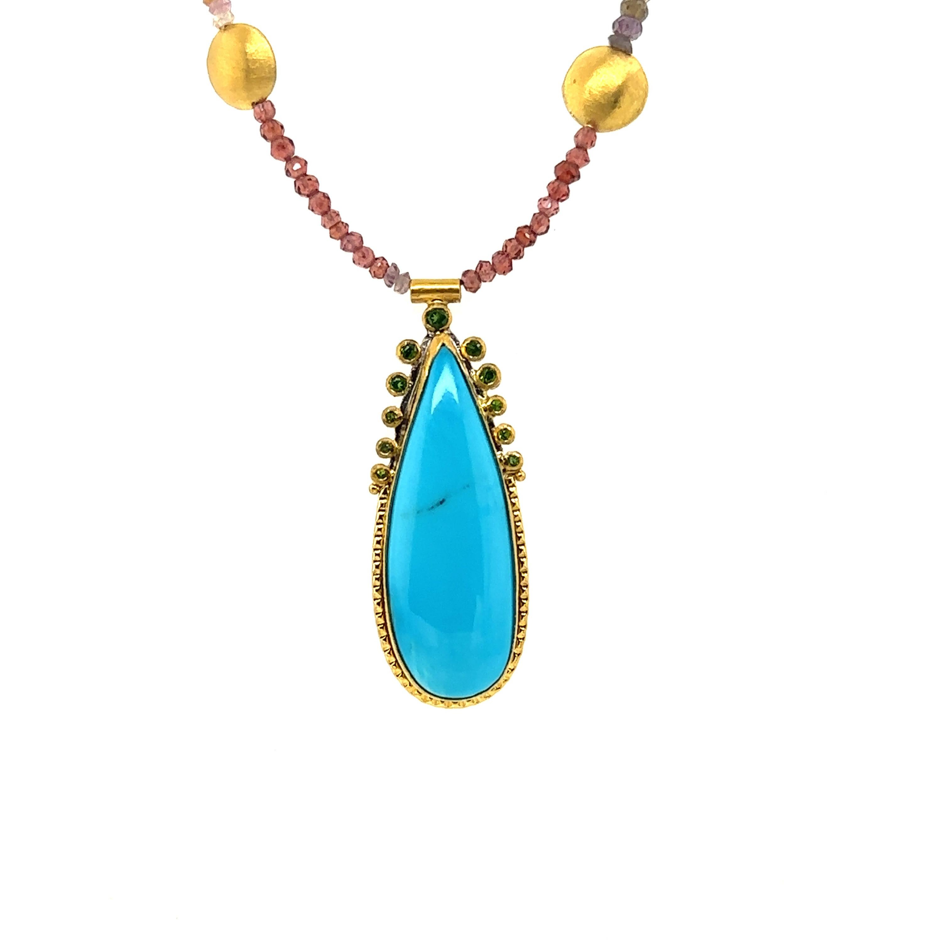 Pear Cut JAS-19-1845 - 24K GOLD/STERLING SILVER w KINGMAN TURQUOISE & MULTI COLOR BEADS For Sale