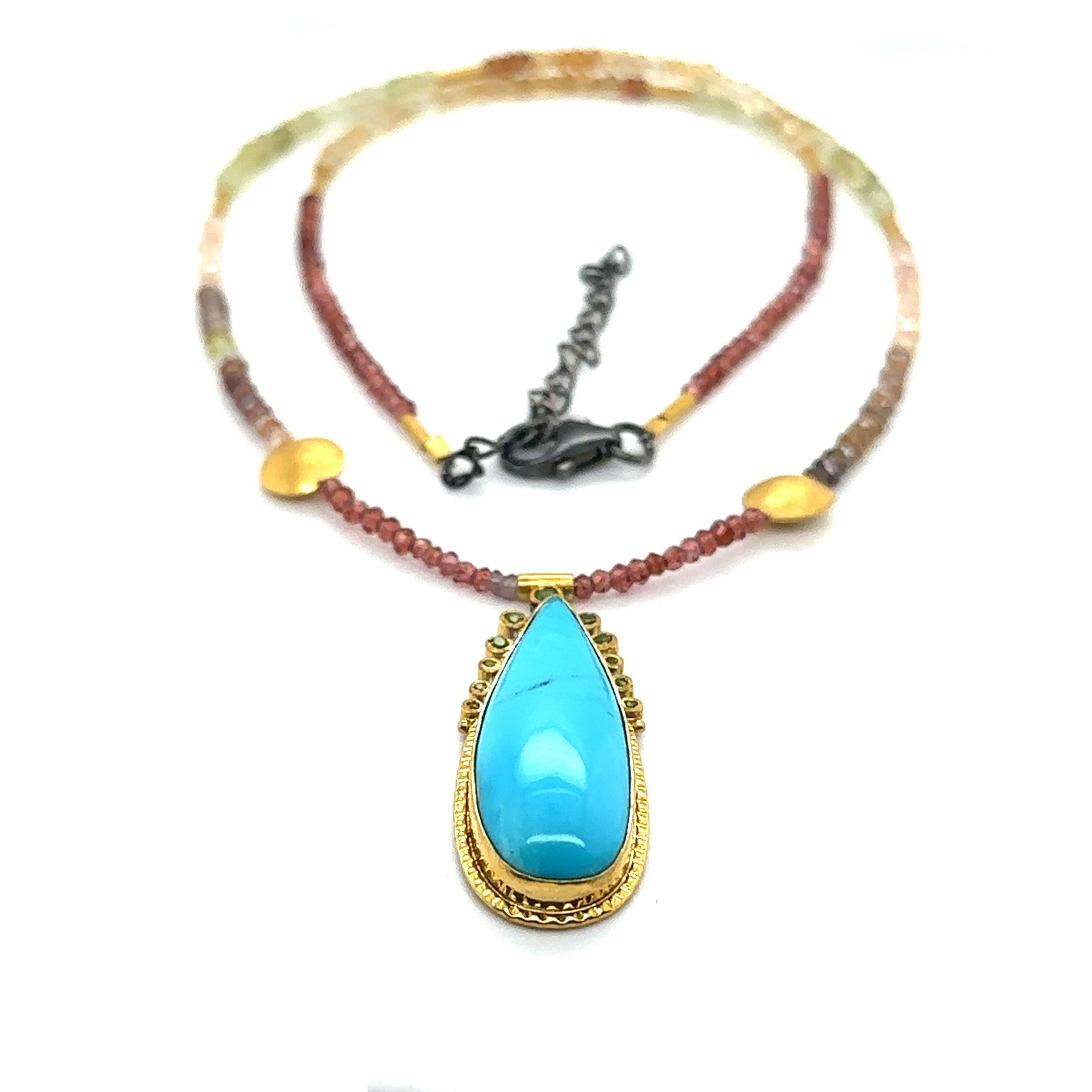 JAS-19-1845 - 24K GOLD/STERLING SILVER w KINGMAN TURQUOISE & MULTI COLOR BEADS For Sale 2