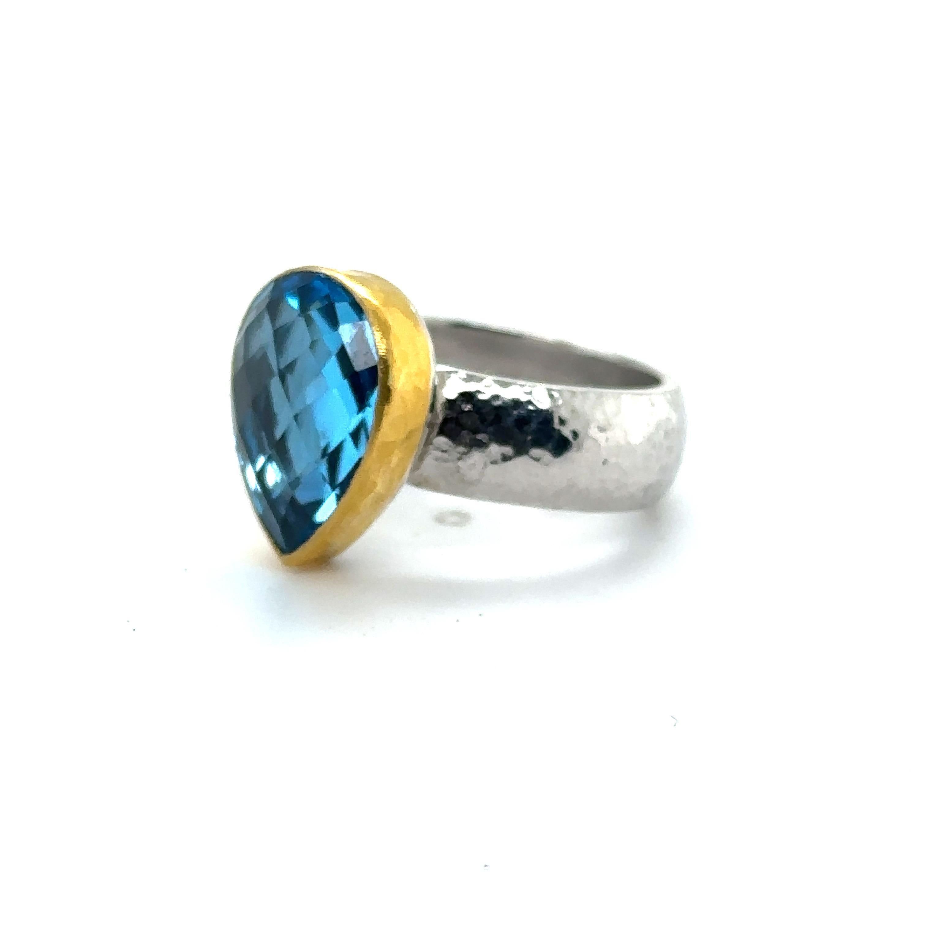 JAS-19-1918 - 24KT GOLD/SS RING with PEAR SHAPE SWISS BLUE TOPAZ For Sale 3