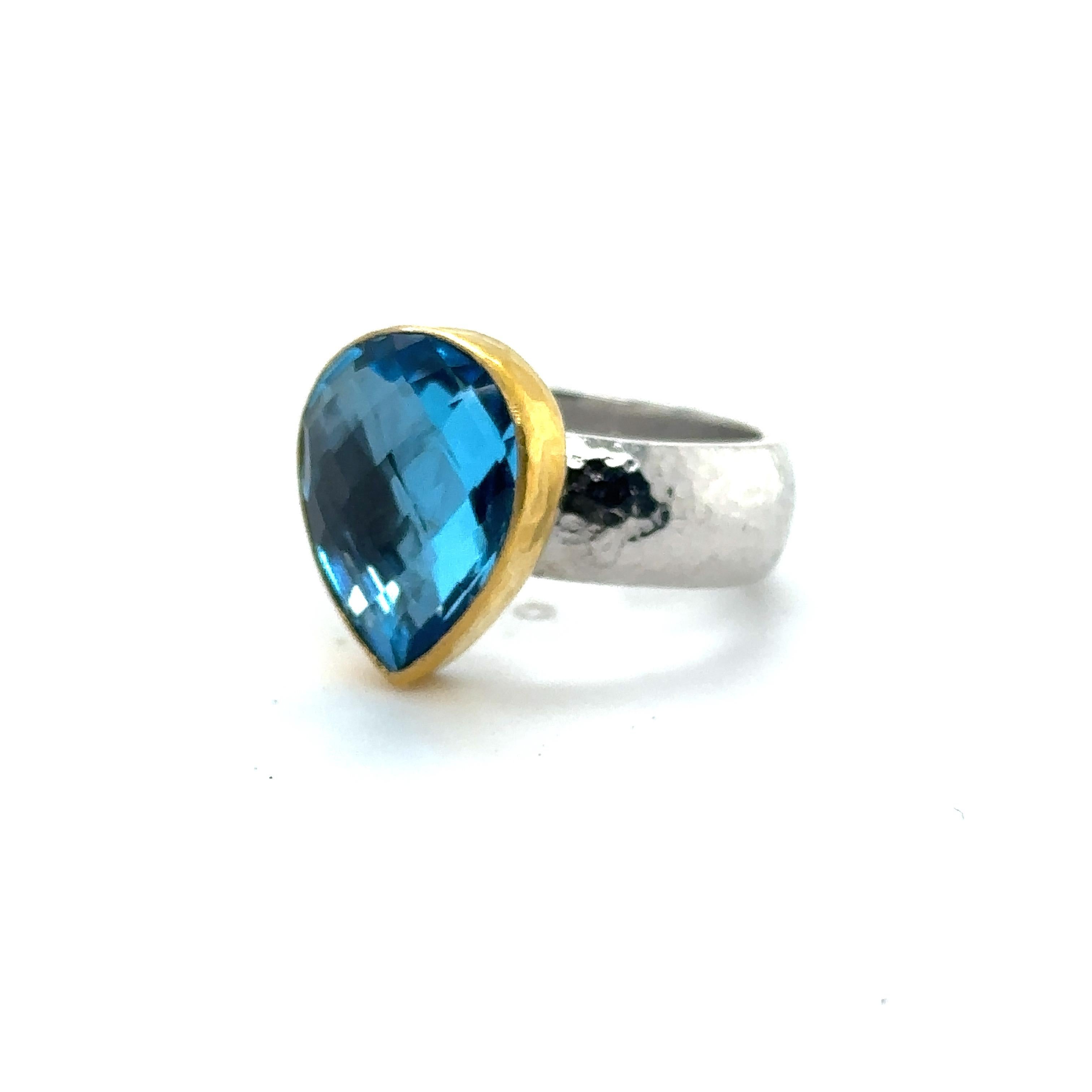JAS-19-1918 - 24KT GOLD/SS RING with PEAR SHAPE SWISS BLUE TOPAZ For Sale 4