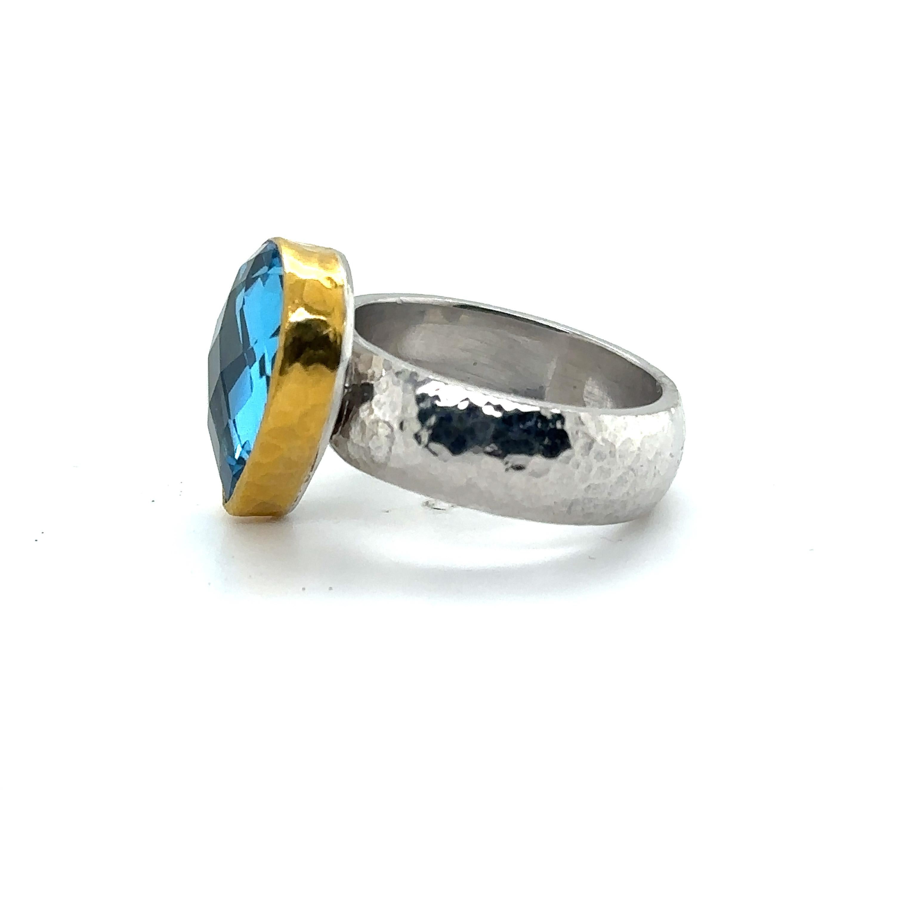 Modern JAS-19-1918 - 24KT GOLD/SS RING with PEAR SHAPE SWISS BLUE TOPAZ For Sale