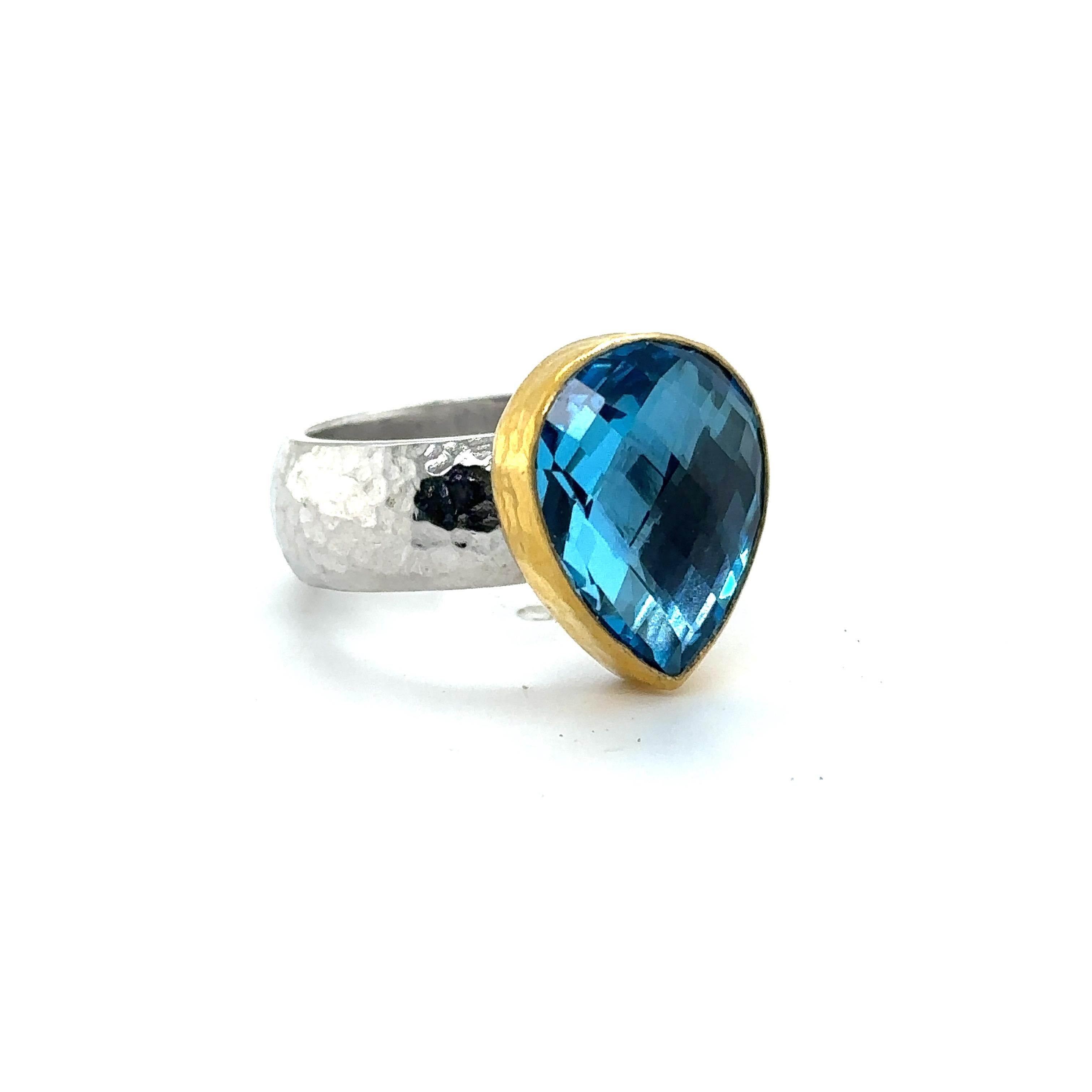 Pear Cut JAS-19-1918 - 24KT GOLD/SS RING with PEAR SHAPE SWISS BLUE TOPAZ For Sale