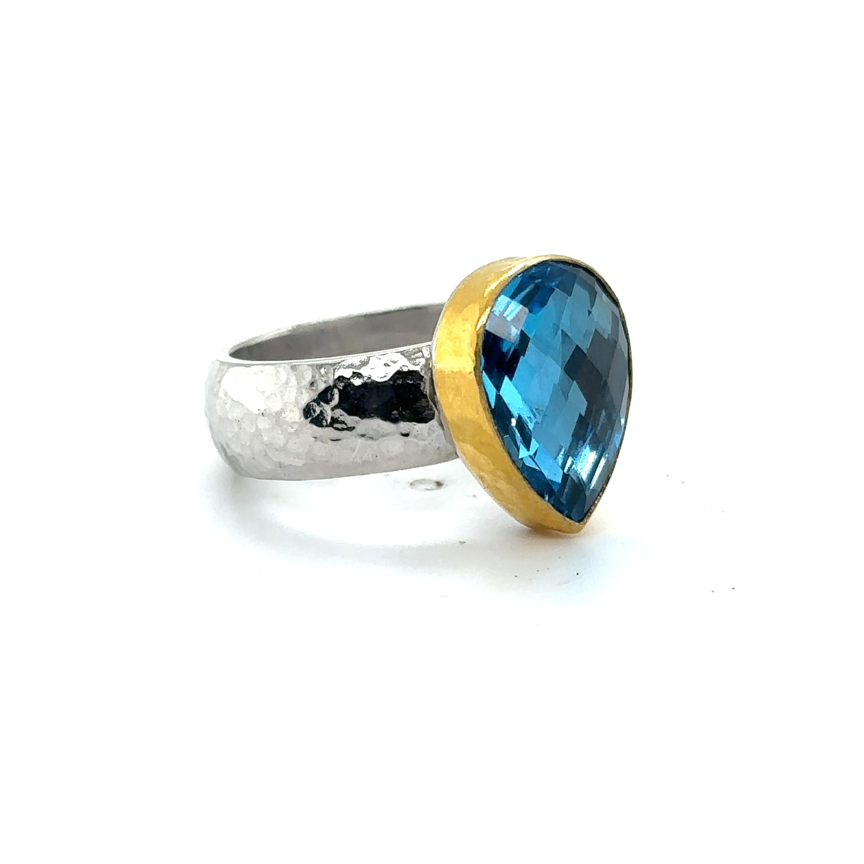 JAS-19-1918 - 24KT GOLD/SS RING with PEAR SHAPE SWISS BLUE TOPAZ In New Condition For Sale In New York, NY