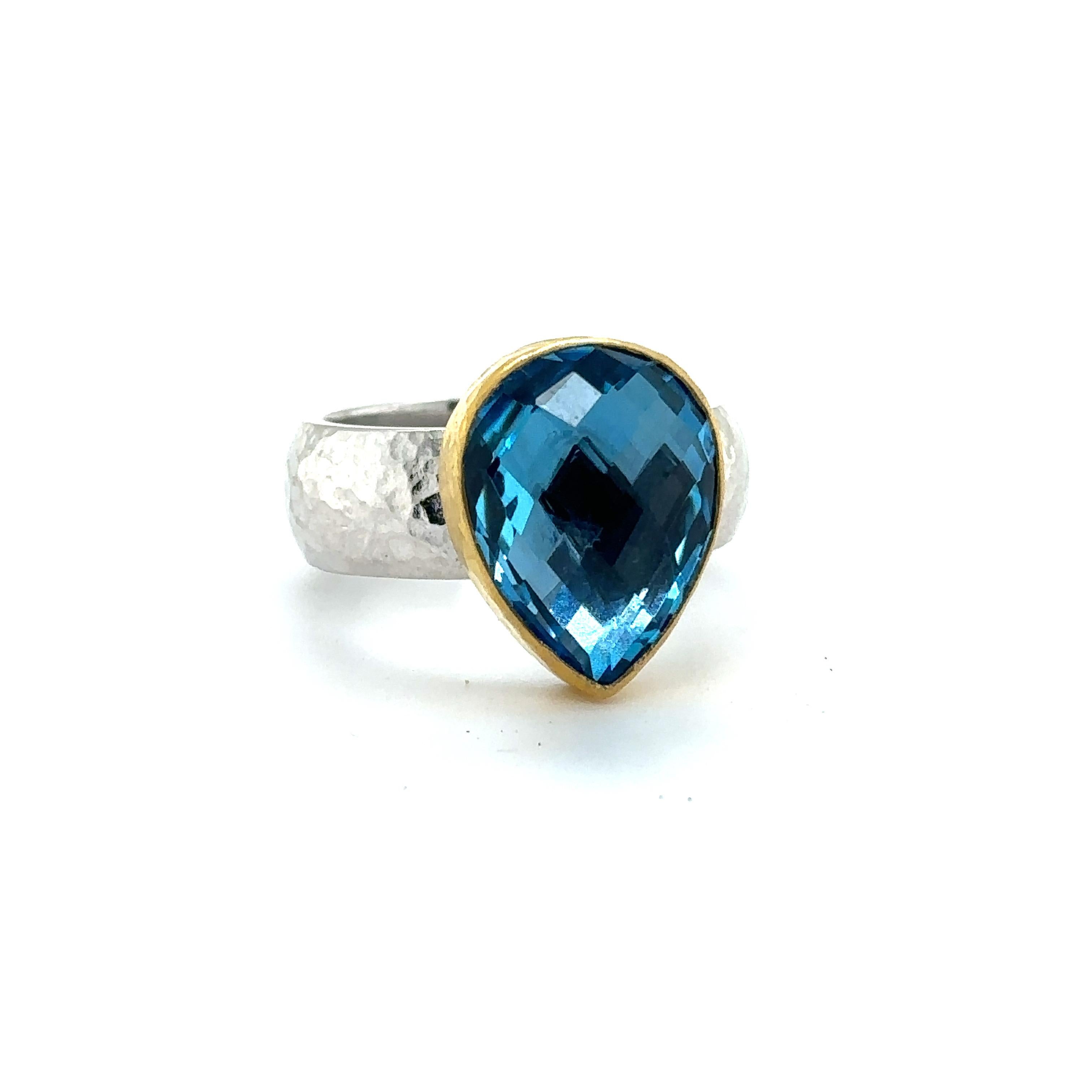 JAS-19-1918 - 24KT GOLD/SS RING with PEAR SHAPE SWISS BLUE TOPAZ For Sale 1