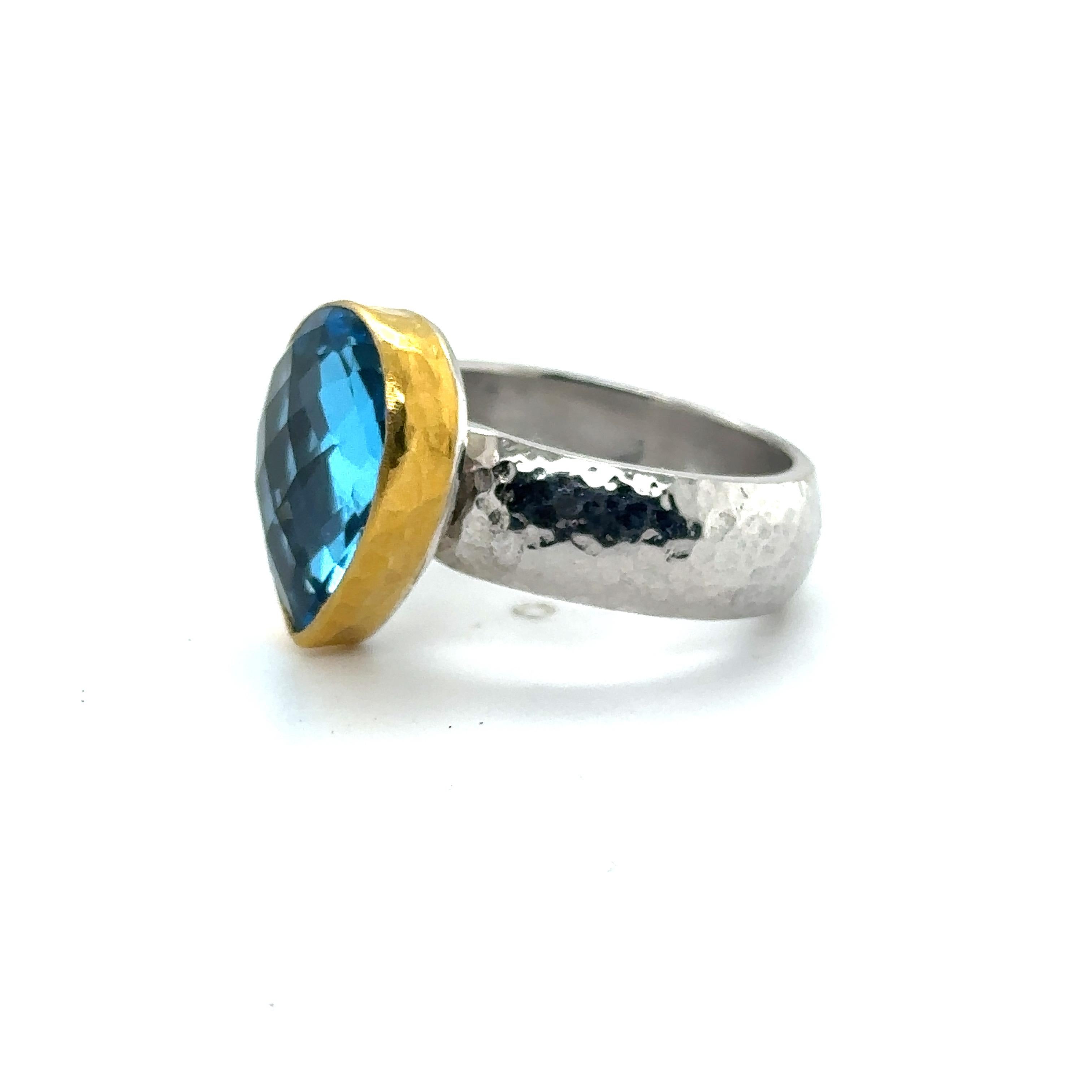 JAS-19-1918 - 24KT GOLD/SS RING with PEAR SHAPE SWISS BLUE TOPAZ For Sale 2