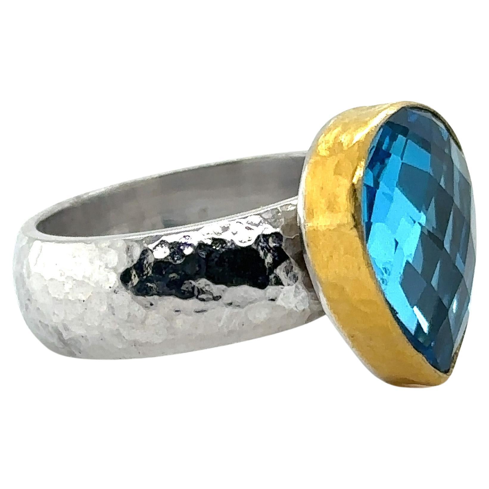 JAS-19-1918 - 24KT GOLD/SS RING with PEAR SHAPE SWISS BLUE TOPAZ For Sale