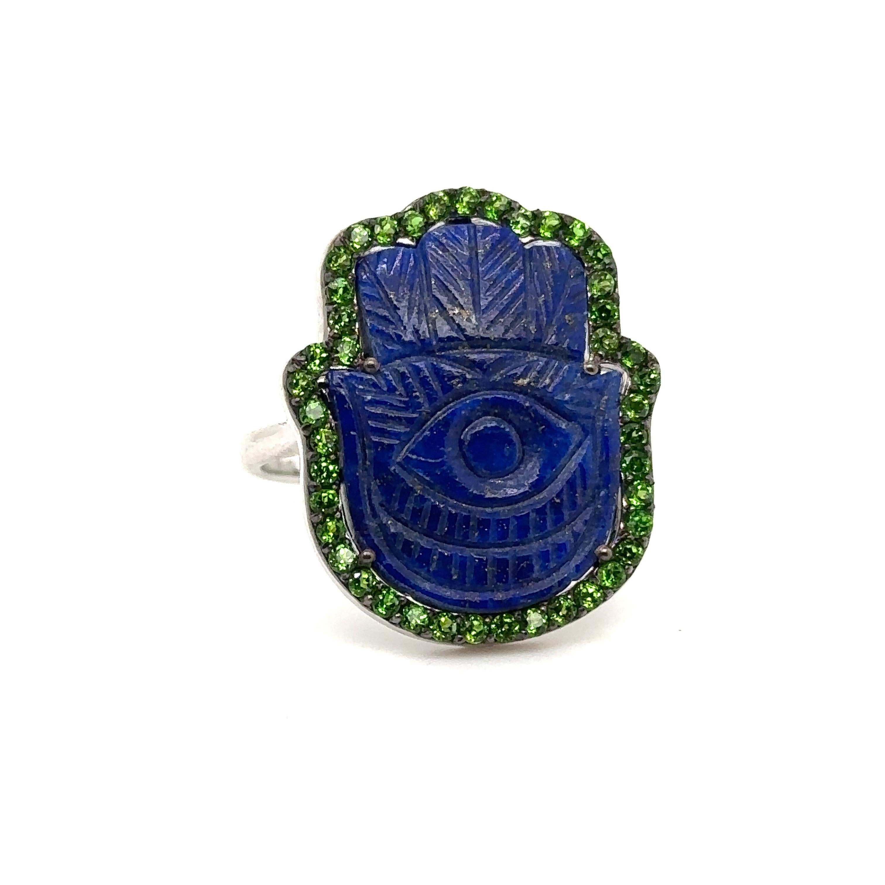 JAS-19-1962 - STERLING SILVER 10.00CT LAPIS HAMSA RING with CHROME DIOPSIDES 3