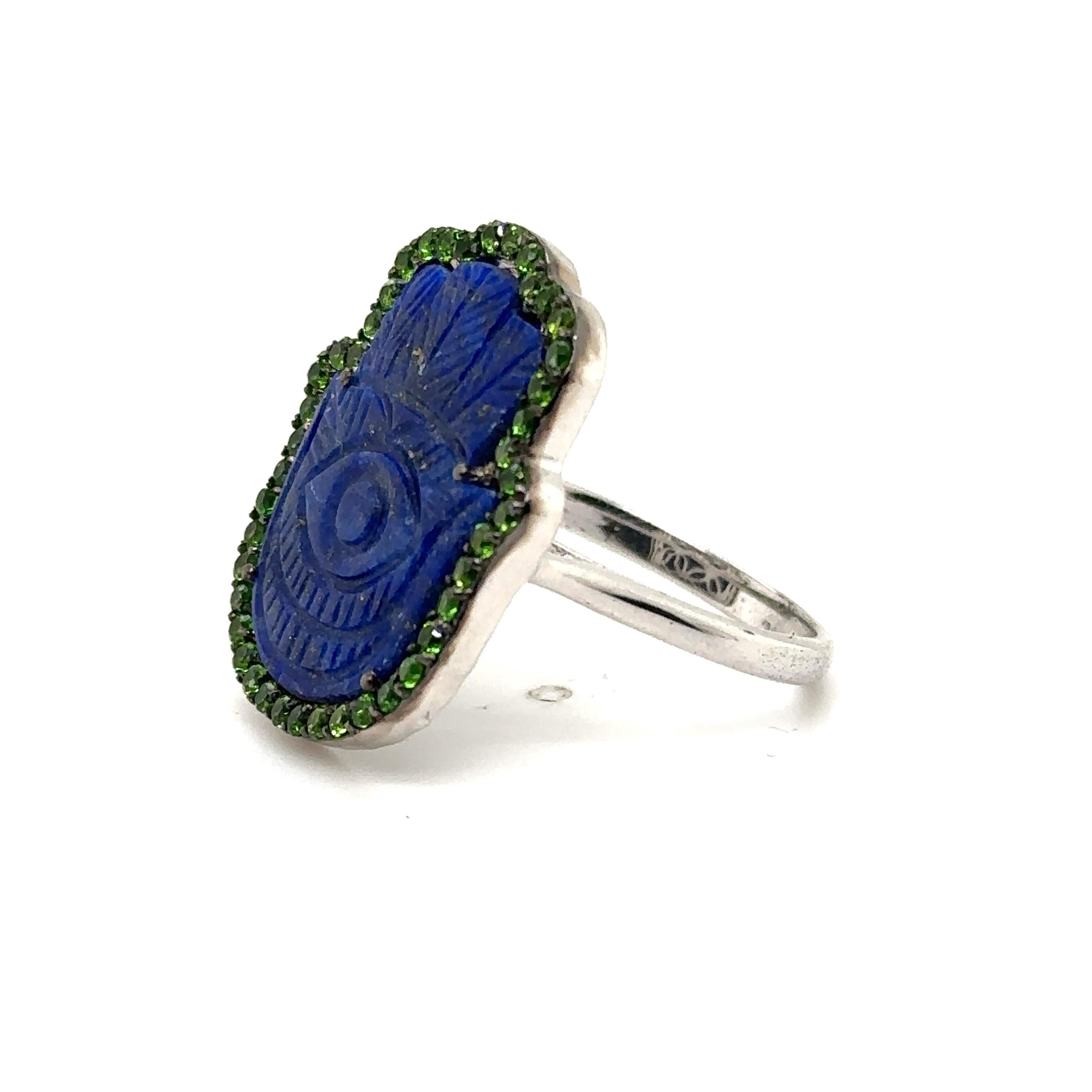 STERLING SILVER 10.00CT LAPIS HAMSA RING with 0.65CT CHROME DIOPSIDES 
Metal: Sterling Silver
Stones Info: 10.00CT LAPIS HAMSA & 0.65 CT CHROME DIOPSIDES
Total Stones Weight: 10.65 cwt.
Item Weight:  6.40 gm
Ring Size: 8 (Re-sizable)
Measurements:
