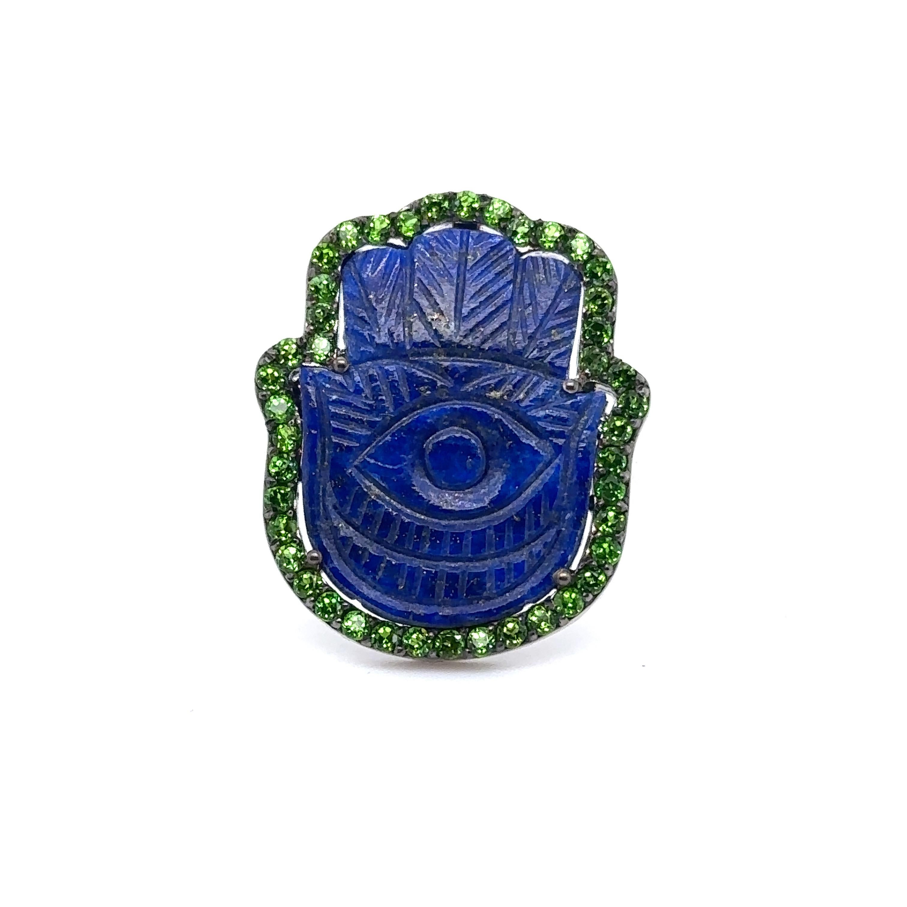 Modern JAS-19-1962 - STERLING SILVER 10.00CT LAPIS HAMSA RING with CHROME DIOPSIDES