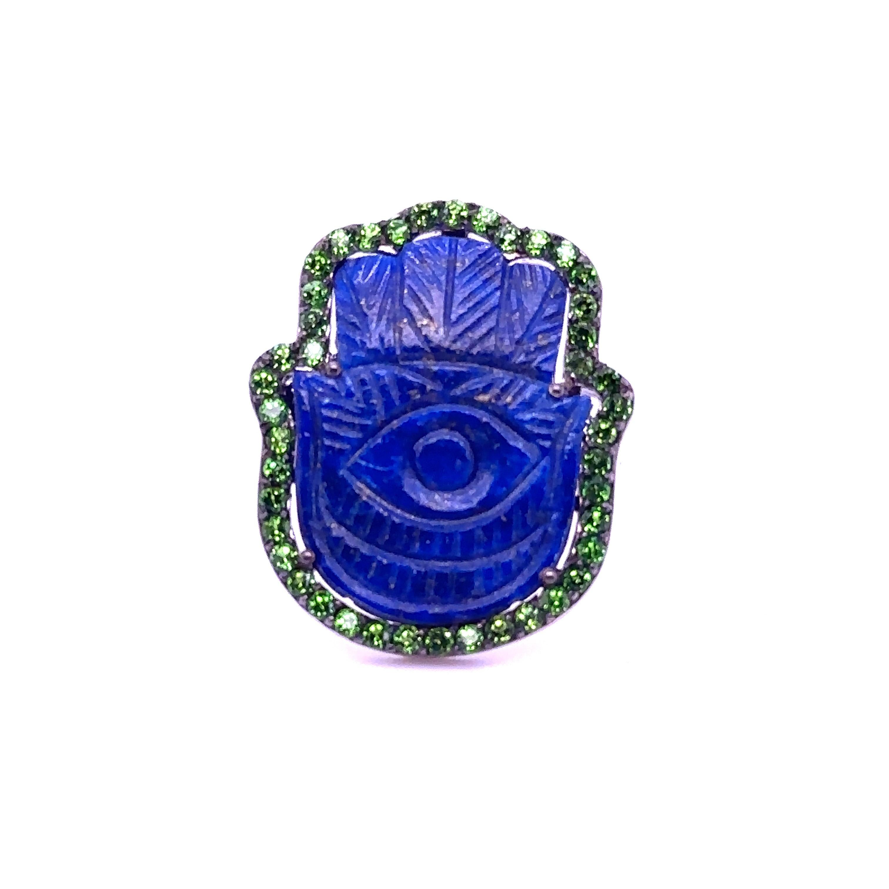 Mixed Cut JAS-19-1962 - STERLING SILVER 10.00CT LAPIS HAMSA RING with CHROME DIOPSIDES