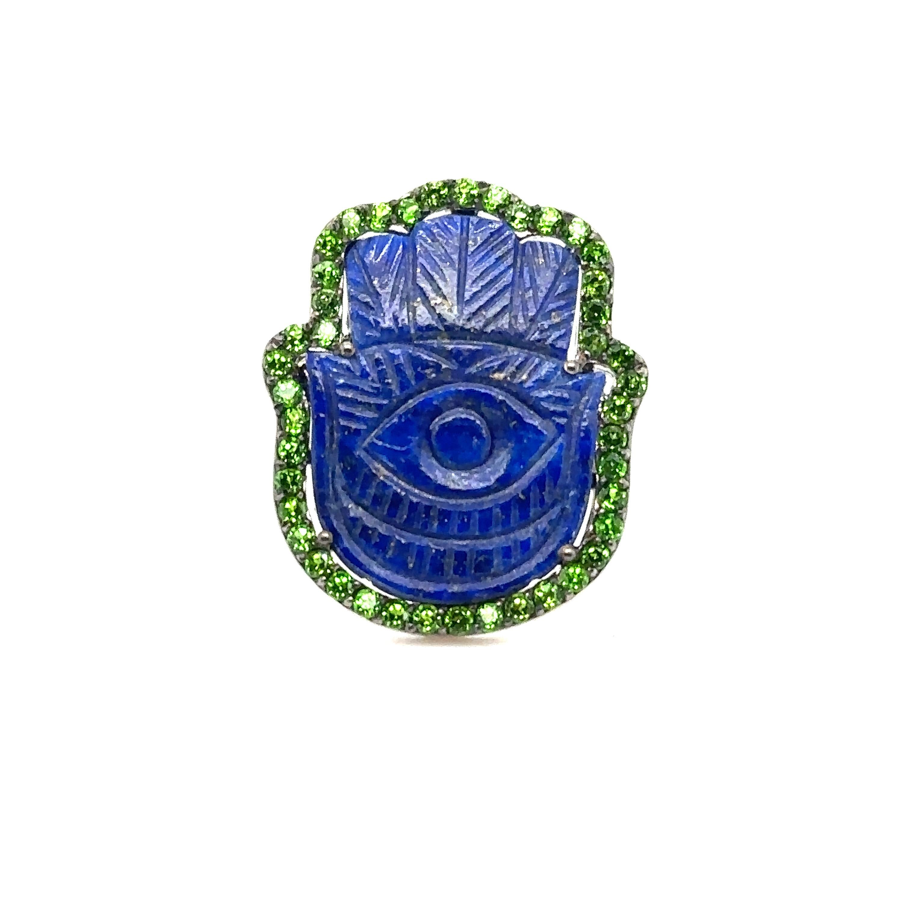 JAS-19-1962 - STERLING SILVER 10.00CT LAPIS HAMSA RING with CHROME DIOPSIDES In New Condition In New York, NY