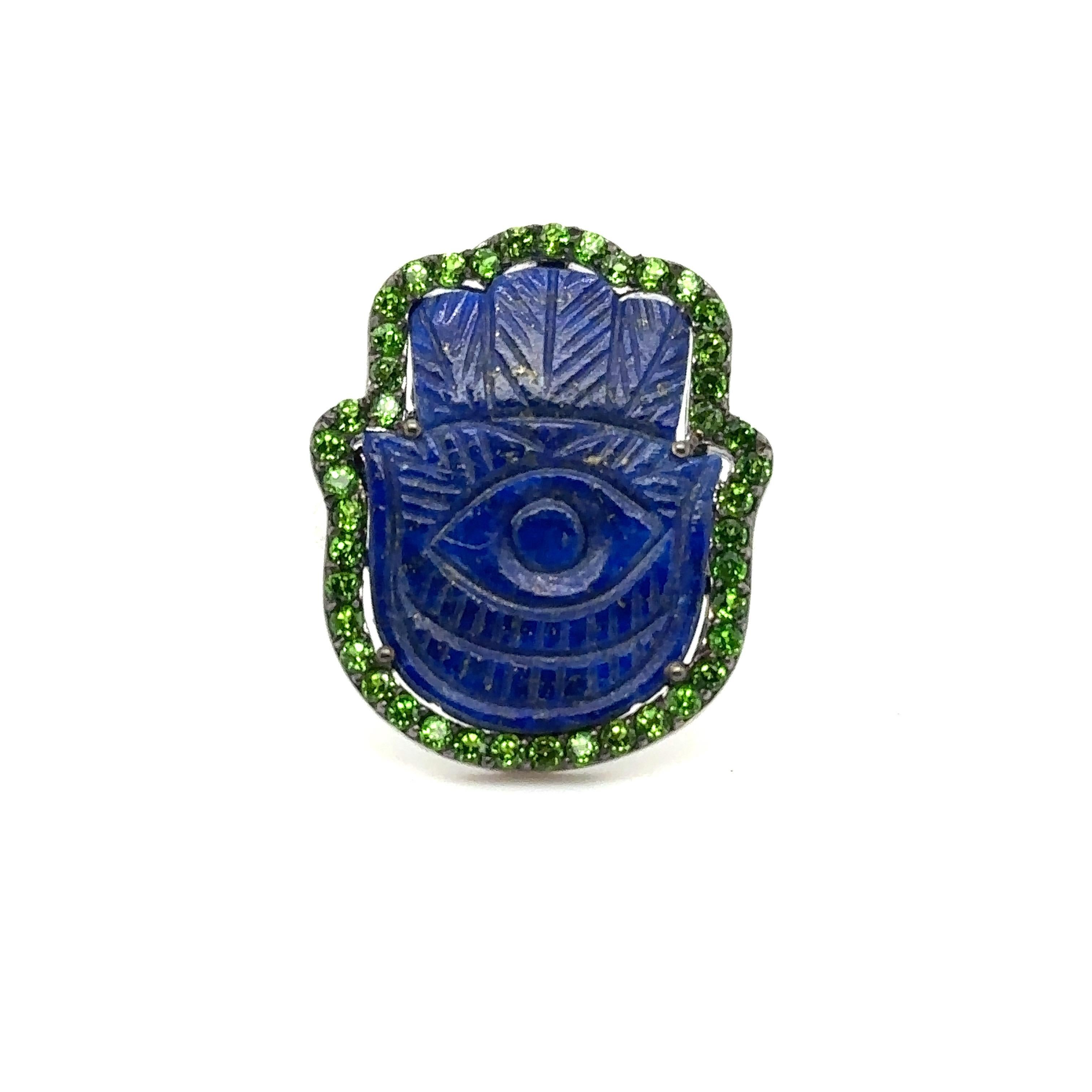 Women's JAS-19-1962 - STERLING SILVER 10.00CT LAPIS HAMSA RING with CHROME DIOPSIDES