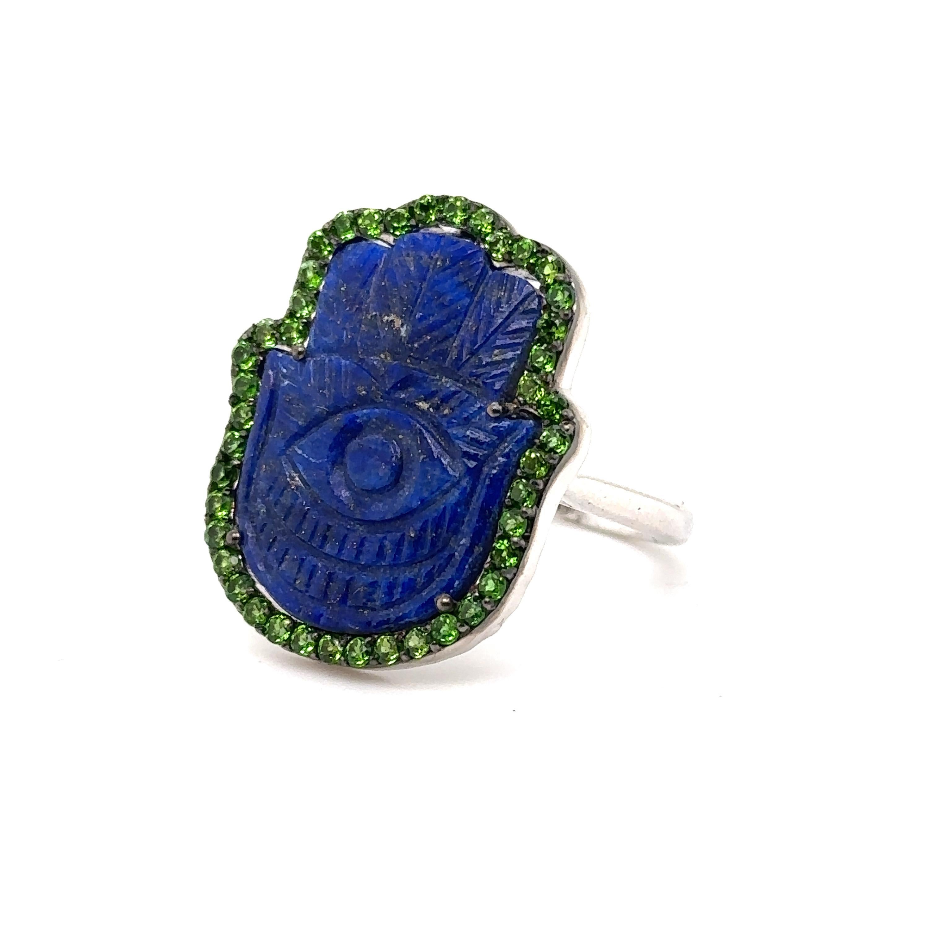 JAS-19-1962 - STERLING SILVER 10.00CT LAPIS HAMSA RING with CHROME DIOPSIDES 1