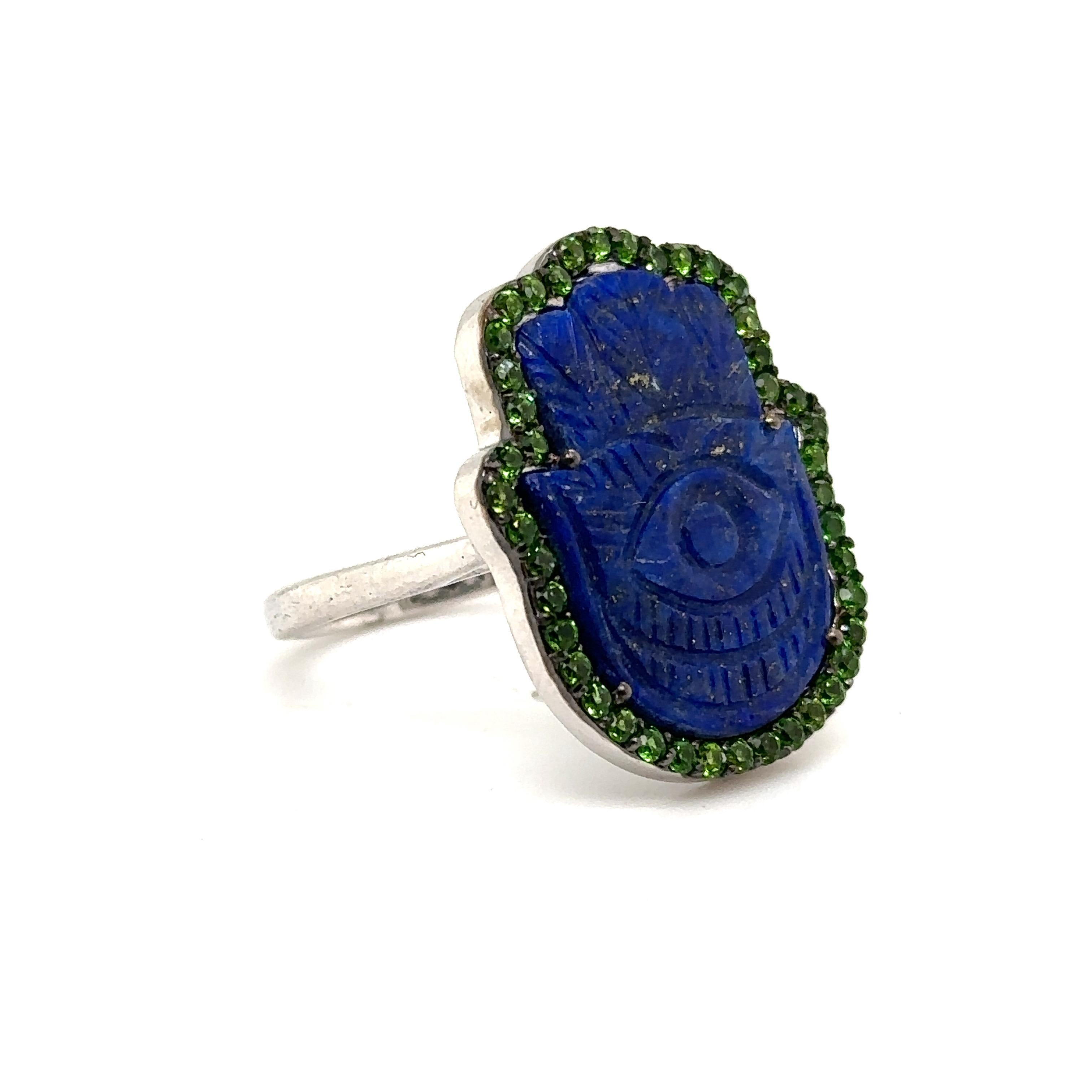 JAS-19-1962 - STERLING SILVER 10.00CT LAPIS HAMSA RING with CHROME DIOPSIDES 2