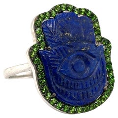 JAS-19-1962 - STERLING SILVER 10.00CT LAPIS HAMSA RING with CHROME DIOPSIDES