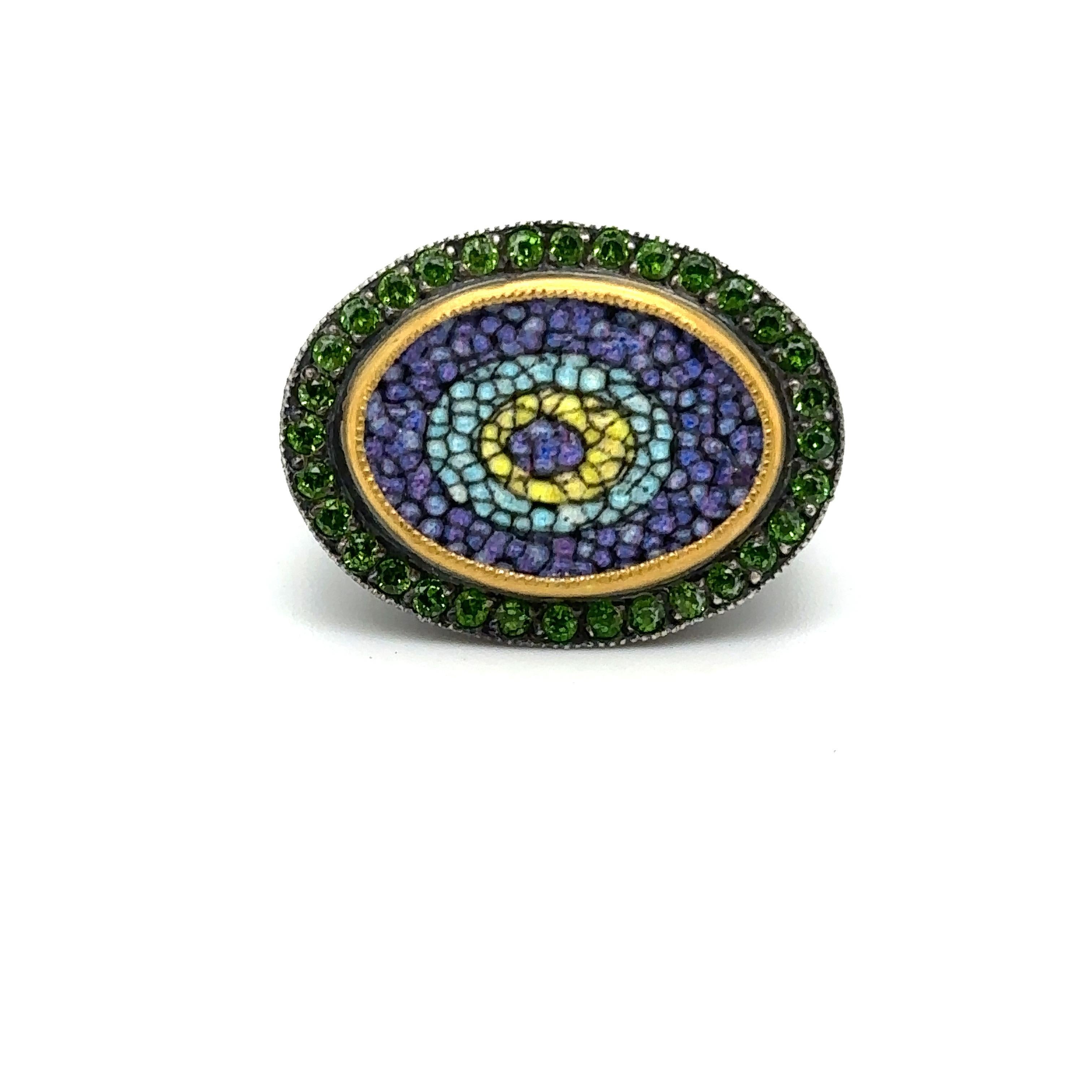 JAS-19-1965 - 24KT GOLD/SS EVIL EYE MOSAIC RING with 0.60CT CHROME DIOPSIDES In New Condition For Sale In New York, NY