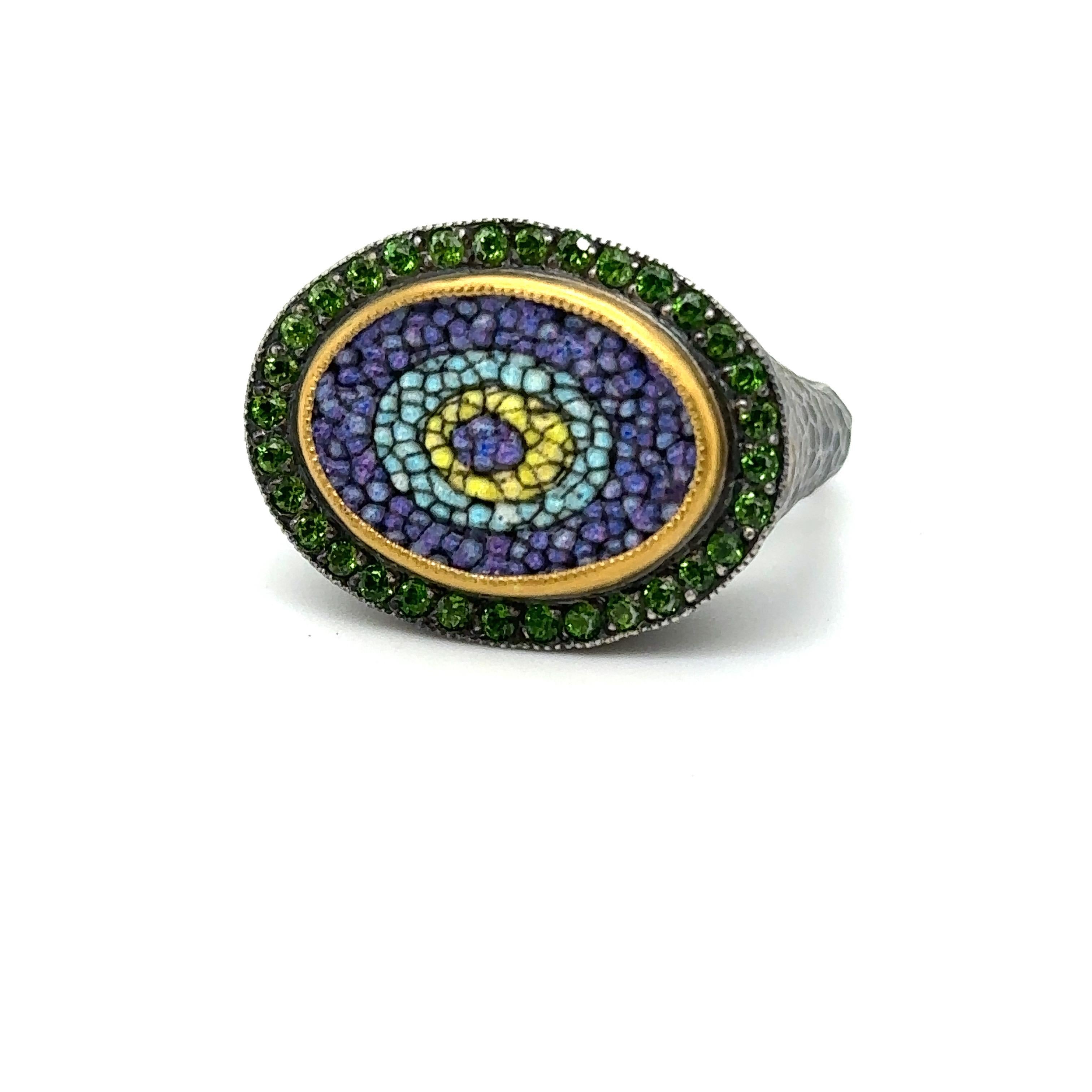 JAS-19-1965 - 24KT GOLD/SS EVIL EYE MOSAIC RING with 0.60CT CHROME DIOPSIDES For Sale 1