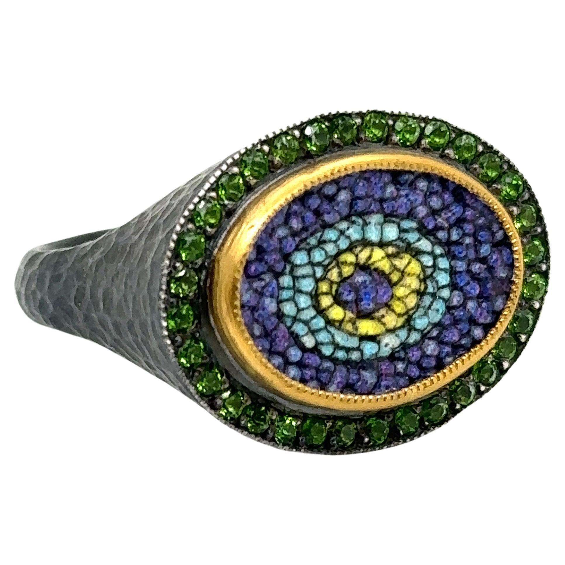JAS-19-1965 - 24KT GOLD/SS EVIL EYE MOSAIC RING with 0.60CT CHROME DIOPSIDES For Sale