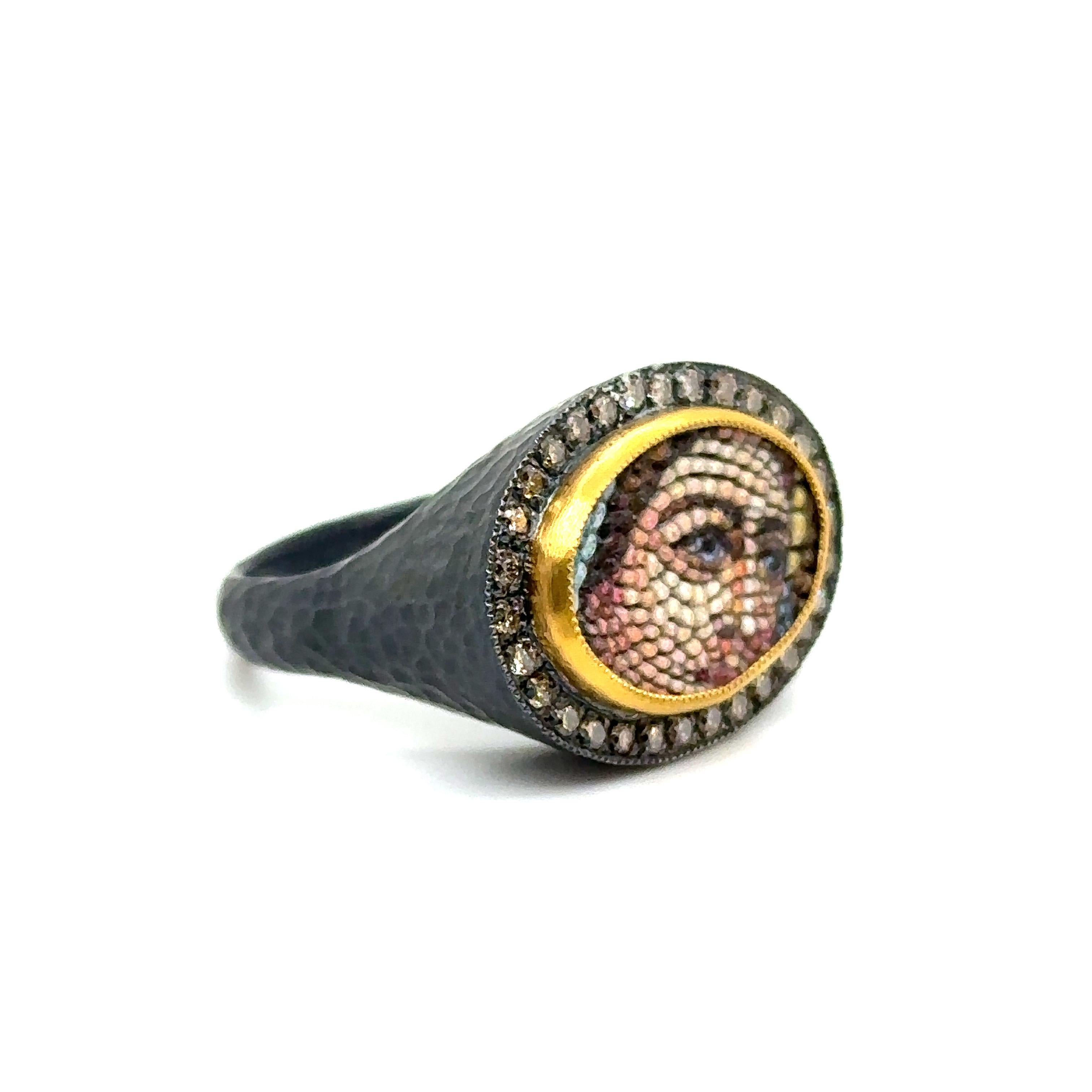 24KT GOLD/SS MOSAIC RING WITH DIAMONDS 
Metal: 24K GOLD/SS
Diamond Info: SI/12 CHAMPAGNE DIAMONDS 
Total Ct Weight: 0.50 cwt
Item Weight: 11.40 gm
Ring Size:  8 (Re-sizable)
Measurements:  18mm X 22.75mm X8.25mm
