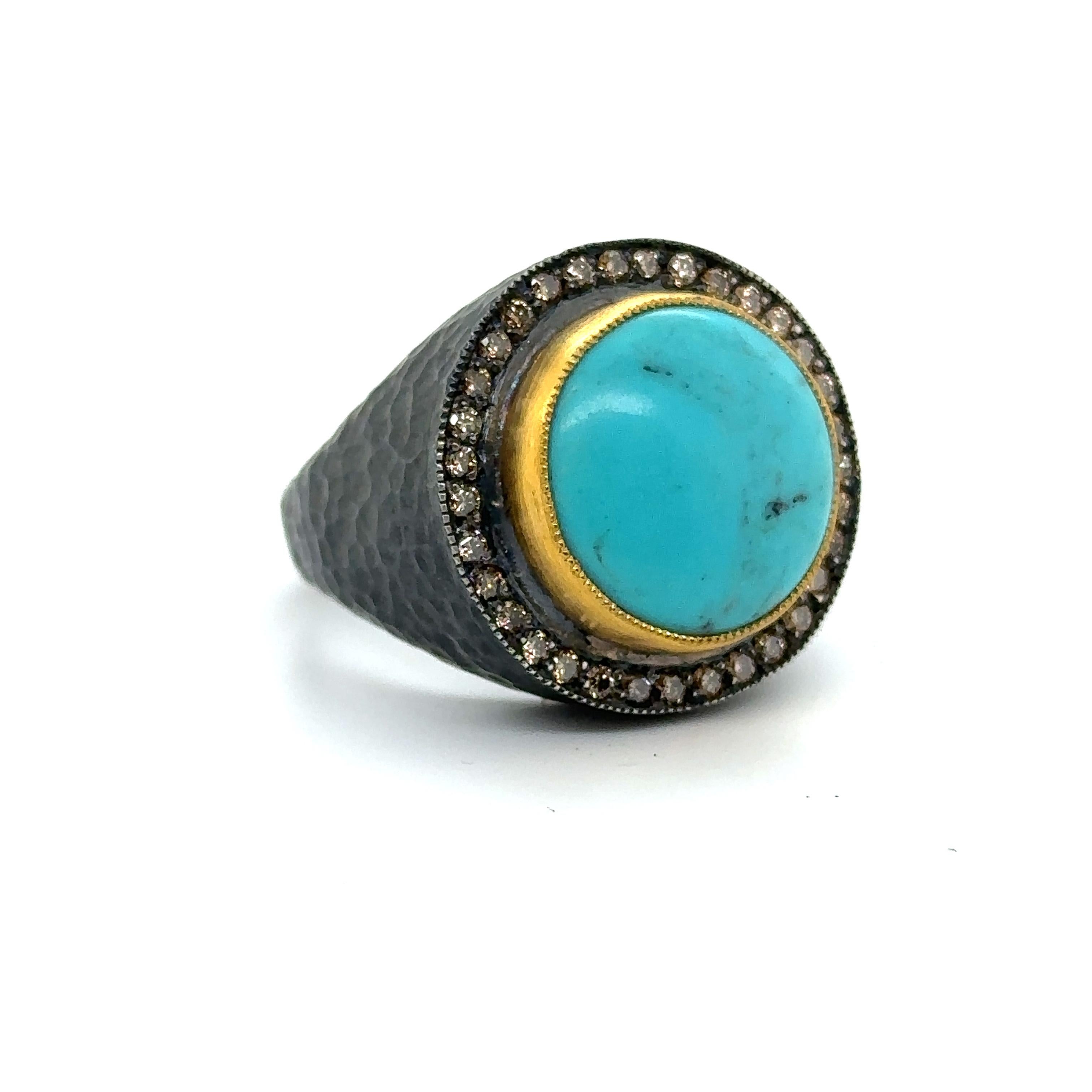 Round Cut JAS-19-1968 - 24KT GOLD/SS TURQUOISE RING with CHAMPAGNE DIAMONDS For Sale