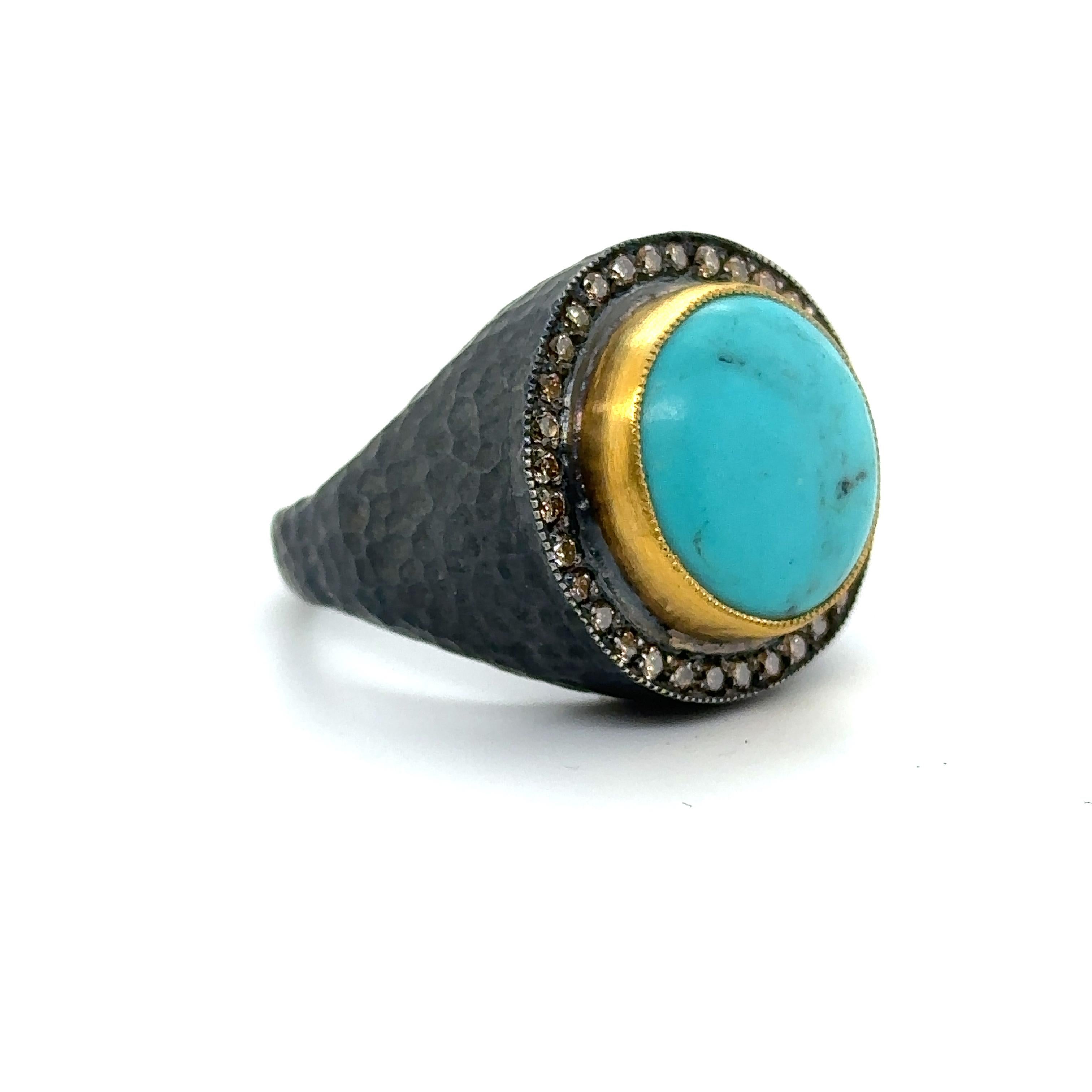 JAS-19-1968 - 24KT GOLD/SS TURQUOISE RING with CHAMPAGNE DIAMONDS In New Condition For Sale In New York, NY