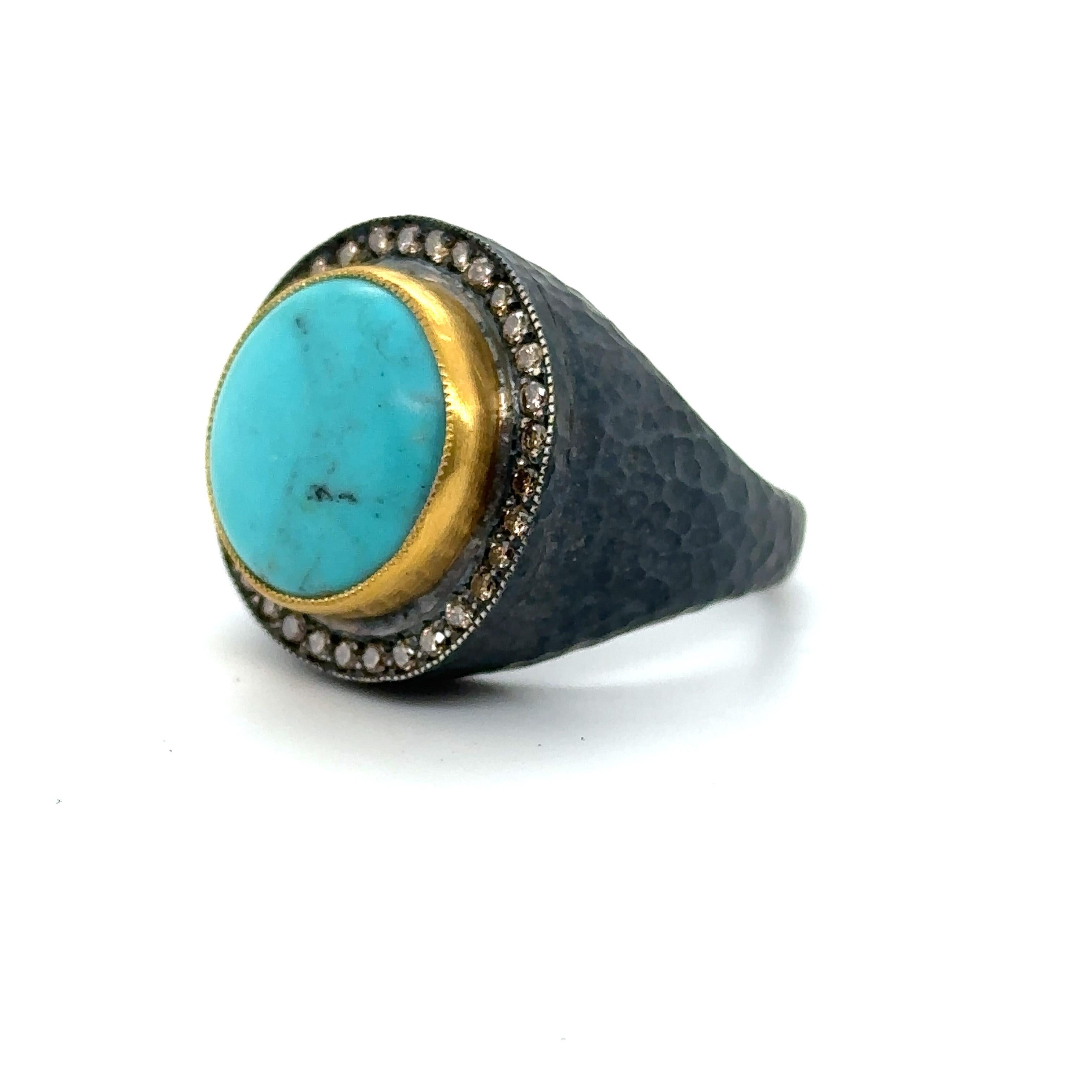 Round Cut JAS-19-1968 - 24KT GOLD/SS TURQUOISE RING with CHAMPAGNE DIAMONDS For Sale