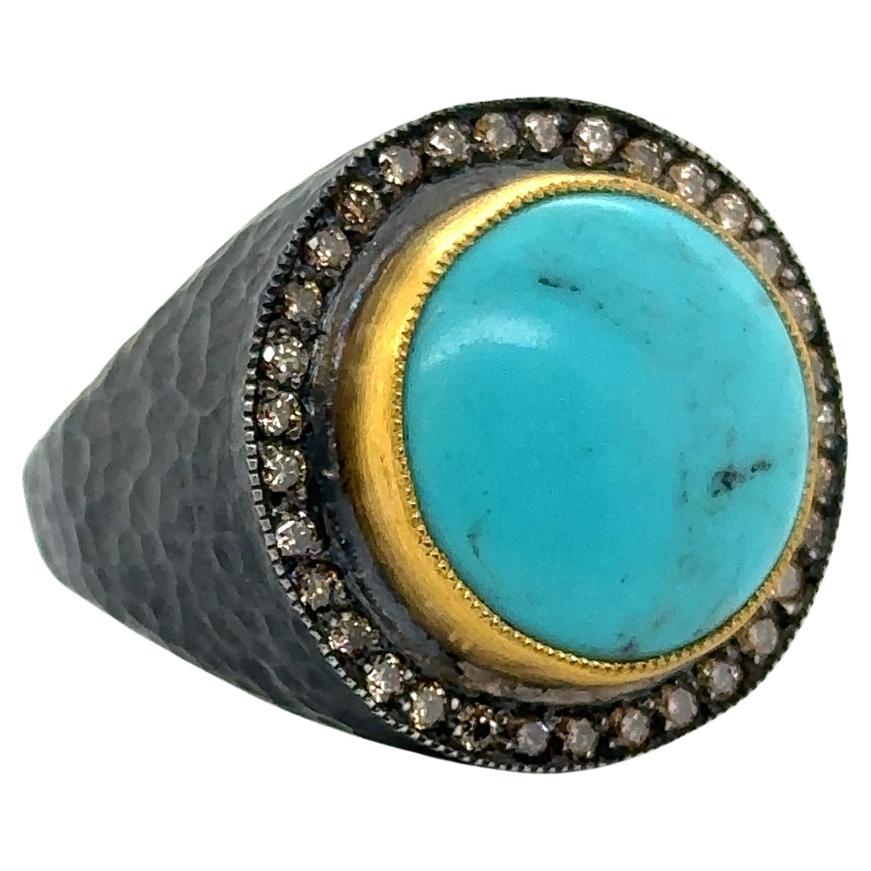 JAS-19-1968 - 24KT GOLD/SS TURQUOISE RING with CHAMPAGNE DIAMONDS