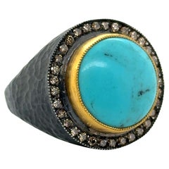 JAS-19-1968 - Bague turquoise en or 24 carats avec diamants cabochons