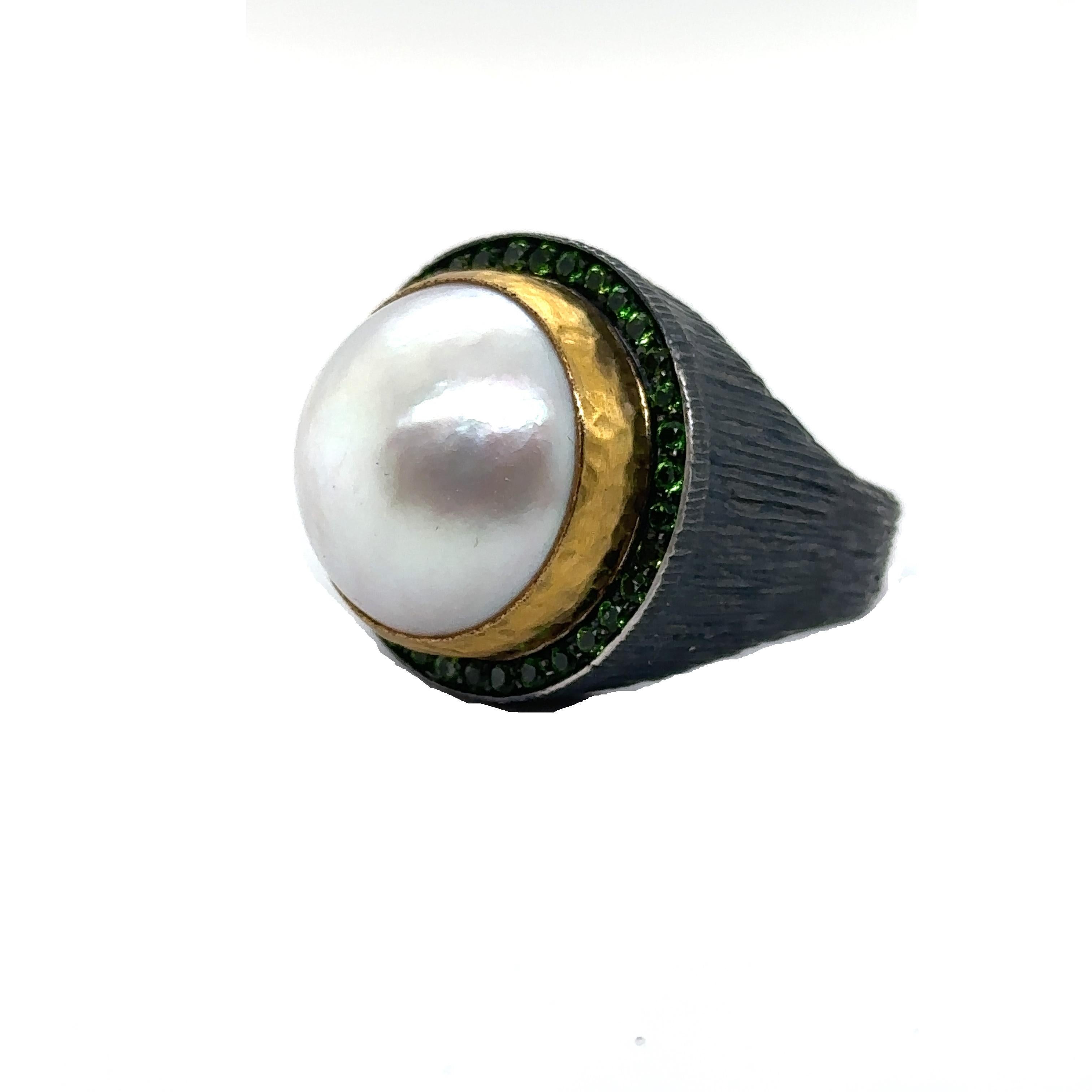 Modern JAS-19-1970 - 24KT GOLD/SS 16MM MABE RING with 0.65CT CHROM DIOPSIDES For Sale