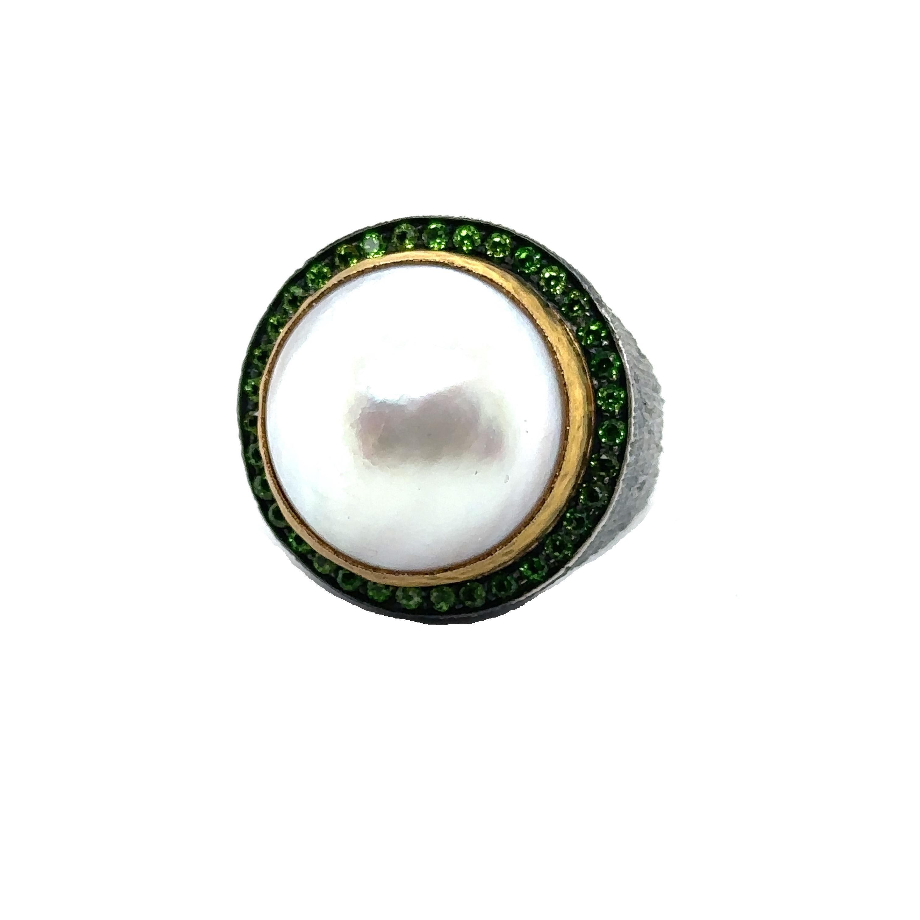 JAS-19-1970 - 24KT GOLD/SS 16MM MABE RING with 0.65CT CHROM DIOPSIDES For Sale 1