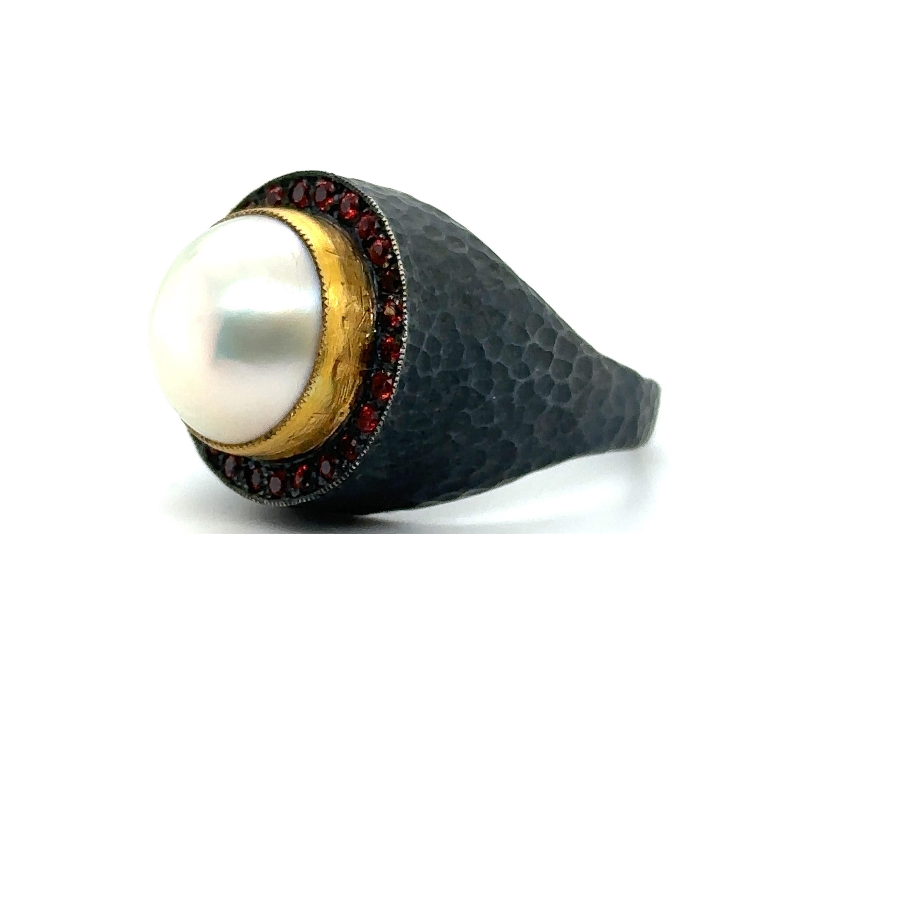 Round Cut JAS-19-1971 - 24KT GOLD/SS 13MM MABE RING with 0.60CT RED SAPPHIRES For Sale
