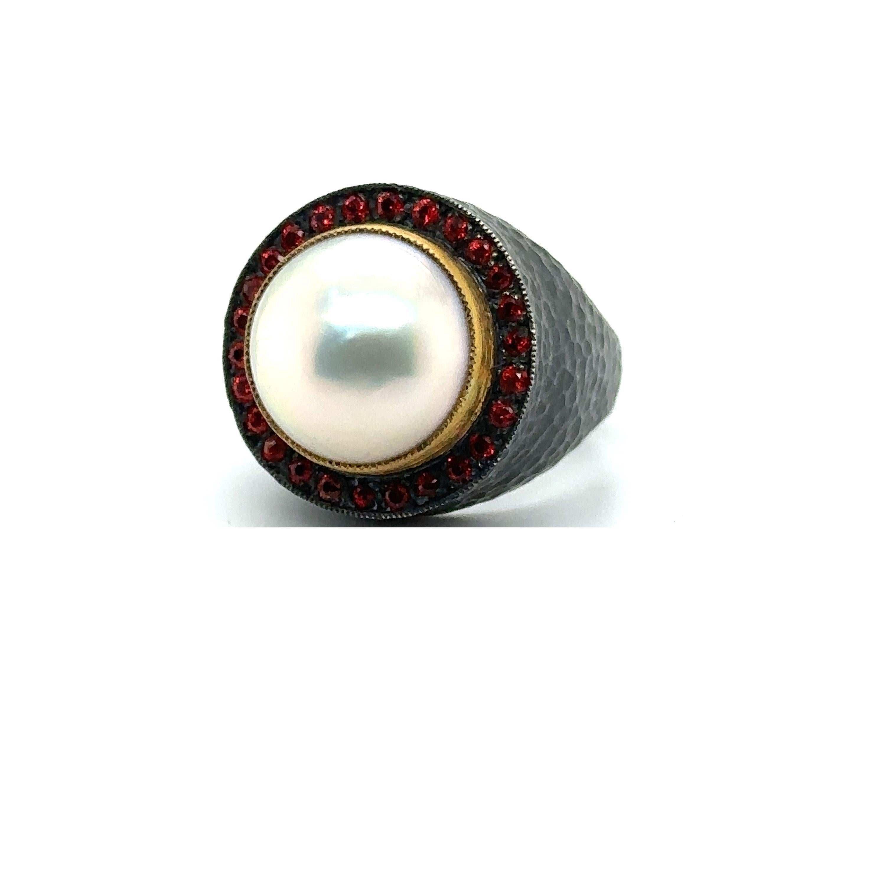 JAS-19-1971 - 24KT GOLD/SS 13MM MABE RING with 0.60CT RED SAPPHIRES For Sale 1