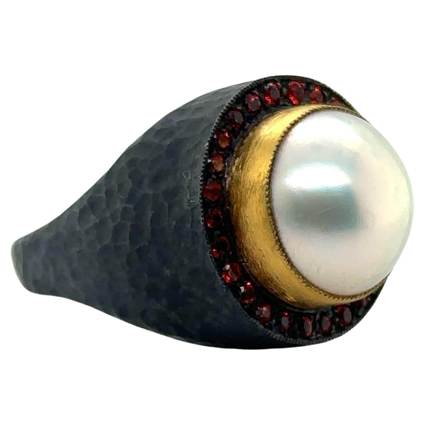 JAS-19-1971 - 24KT GOLD/SS 13MM MABE RING with 0.60CT RED SAPPHIRES
