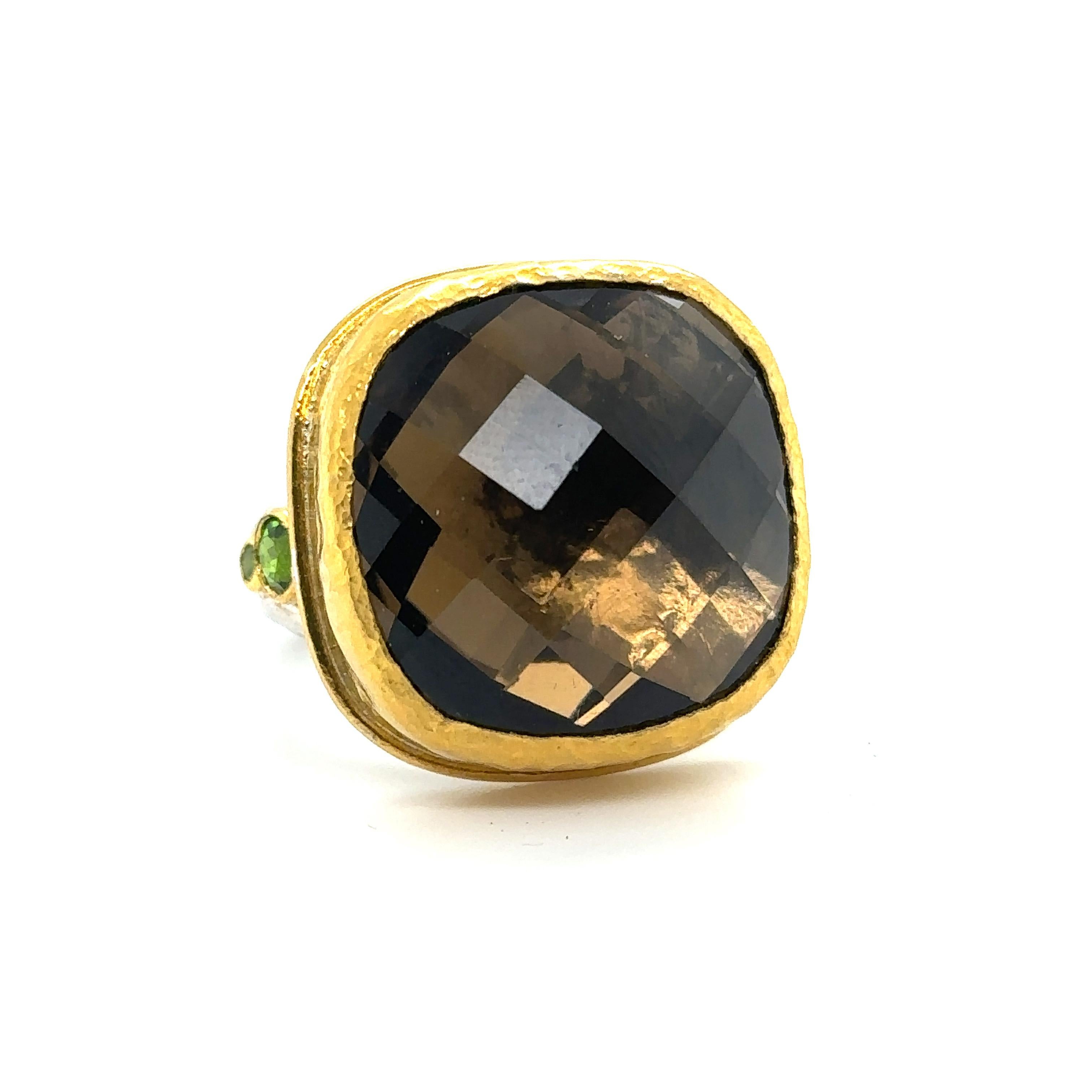 JAS-19-1993-24KT GOLD/SS with CUSHION CUT SMOKY QUARTZ & CHROME DIOPSIDES For Sale 6