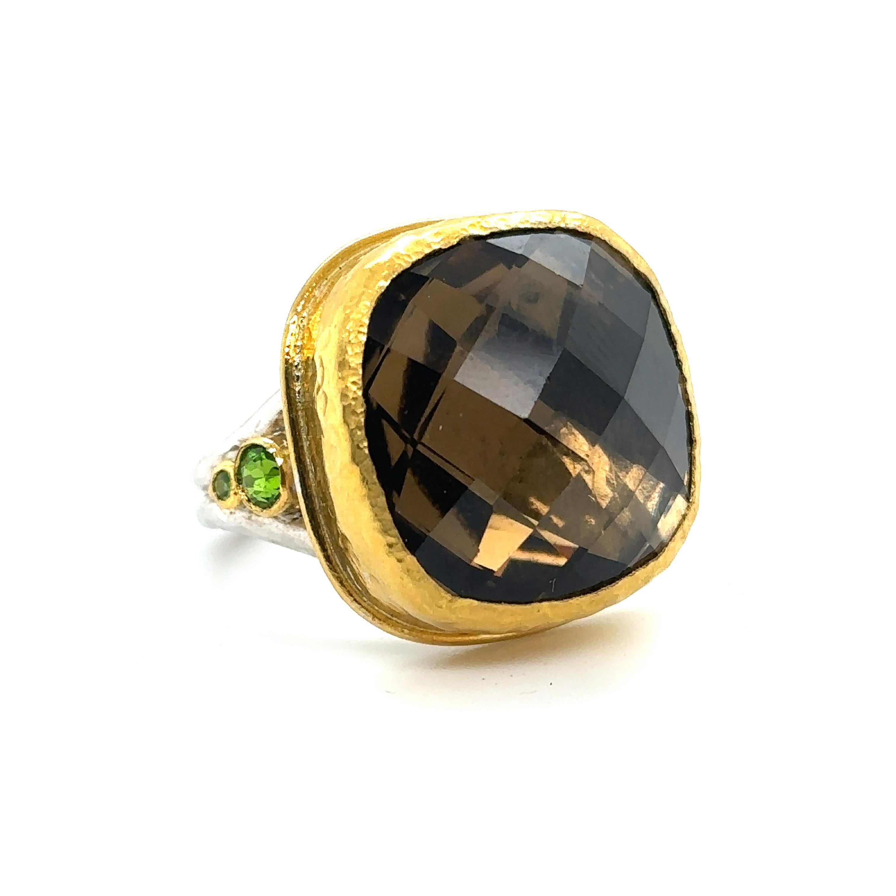24KT GOLD/SS with CUSHION CUT SMOKY QUARTZ AND CHROME DIOPSIDES
Metal: 24K GOLD/ SS
Stone Info: 20MM CUSHION CUT SMOKY QUARTZ AND CHROME DIOPSIDES 
Total Stone Weight:  21.0 cwt.
Item Weight: 15.0 gm
Ring Size: 8 (Re-sizable)
Measurements:  22mm X