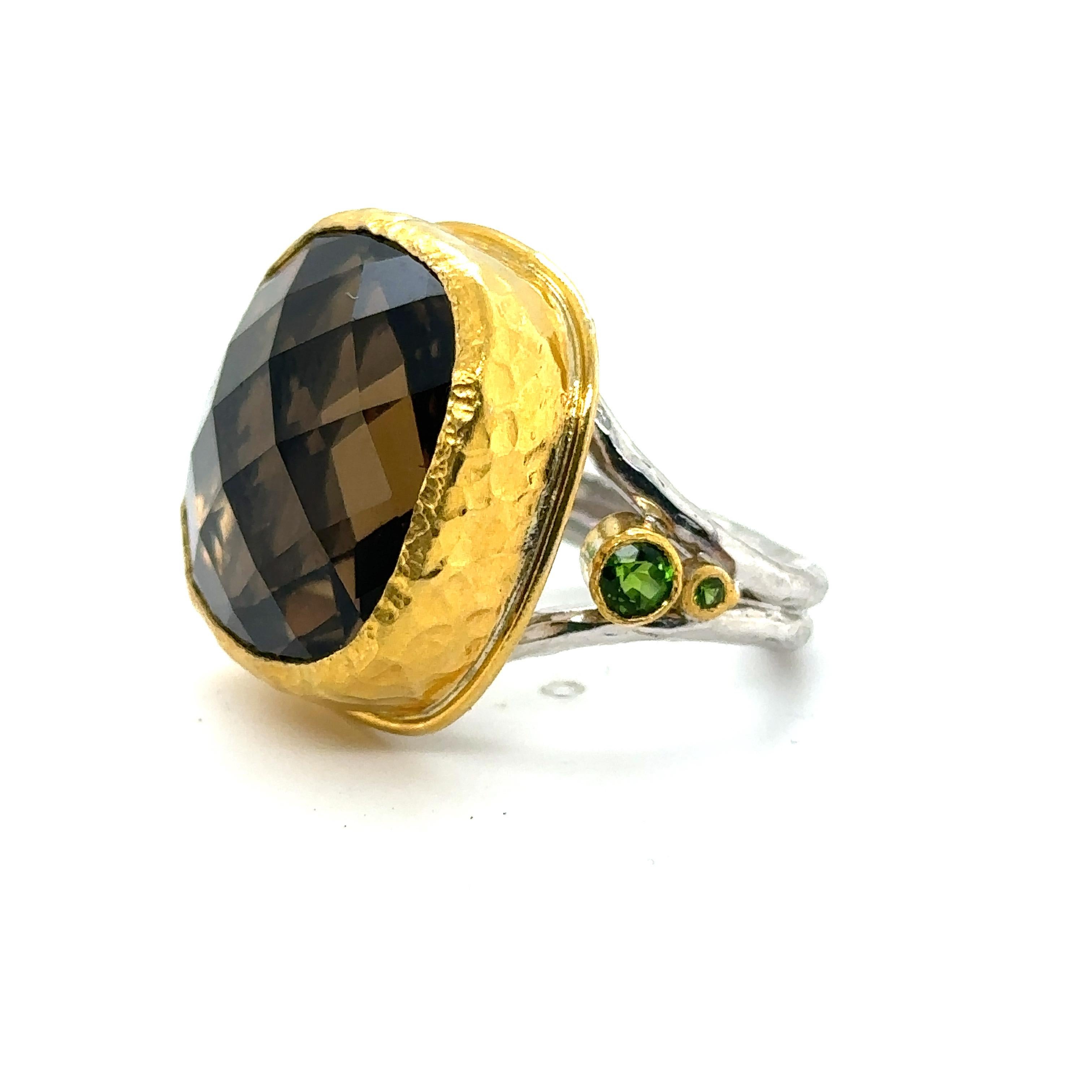 Modern JAS-19-1993-24KT GOLD/SS with CUSHION CUT SMOKY QUARTZ & CHROME DIOPSIDES For Sale