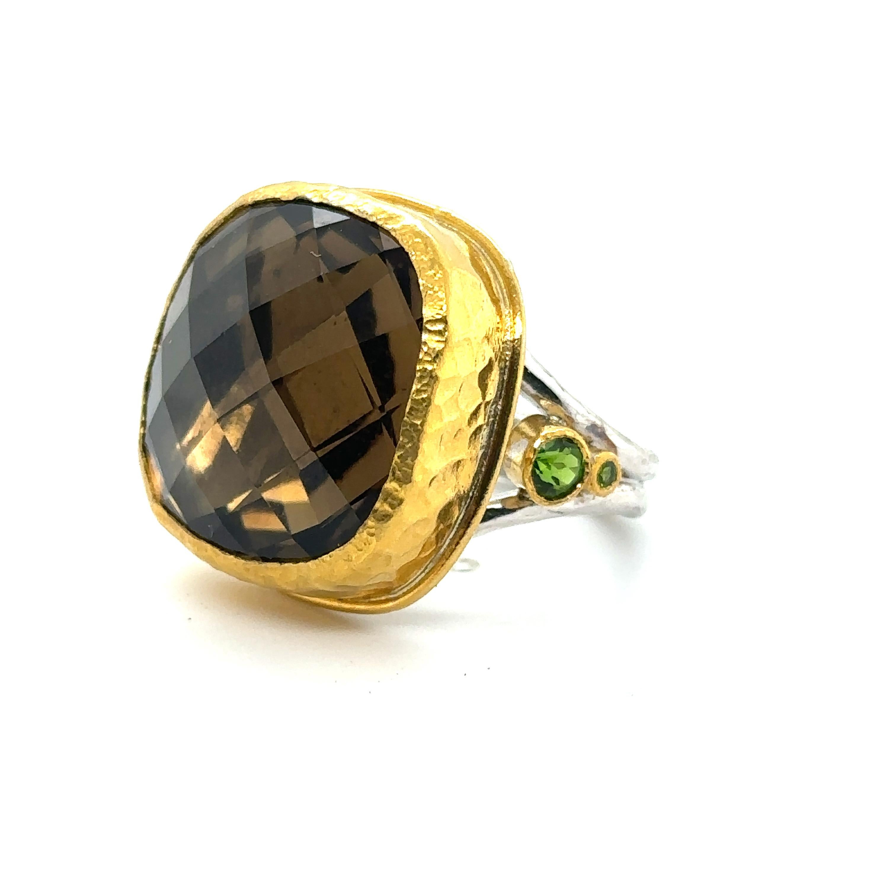 Women's JAS-19-1993-24KT GOLD/SS with CUSHION CUT SMOKY QUARTZ & CHROME DIOPSIDES For Sale