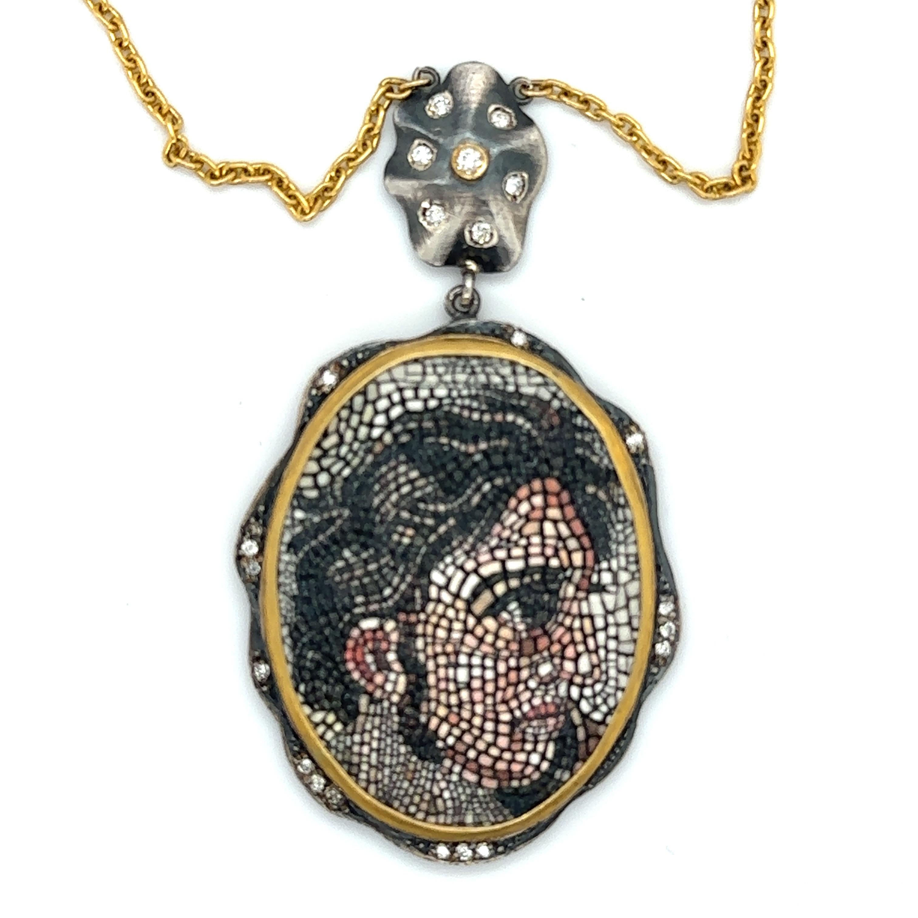 24KT GOLD/SS MOSAIC PENDANT with DIAMONDS 
Metal: 24K GOLD/OXIDIZED SS
Diamond Info: H/I COLOR SI1/2 ROUND BRILLIANT DIAMONDS 0.20CT
Total Ct Weight: 0.20 cwt.
Item Weight:  21 gm
Necklace Size: 16+2 = 18”
Measurements:  58mm x 32mm
