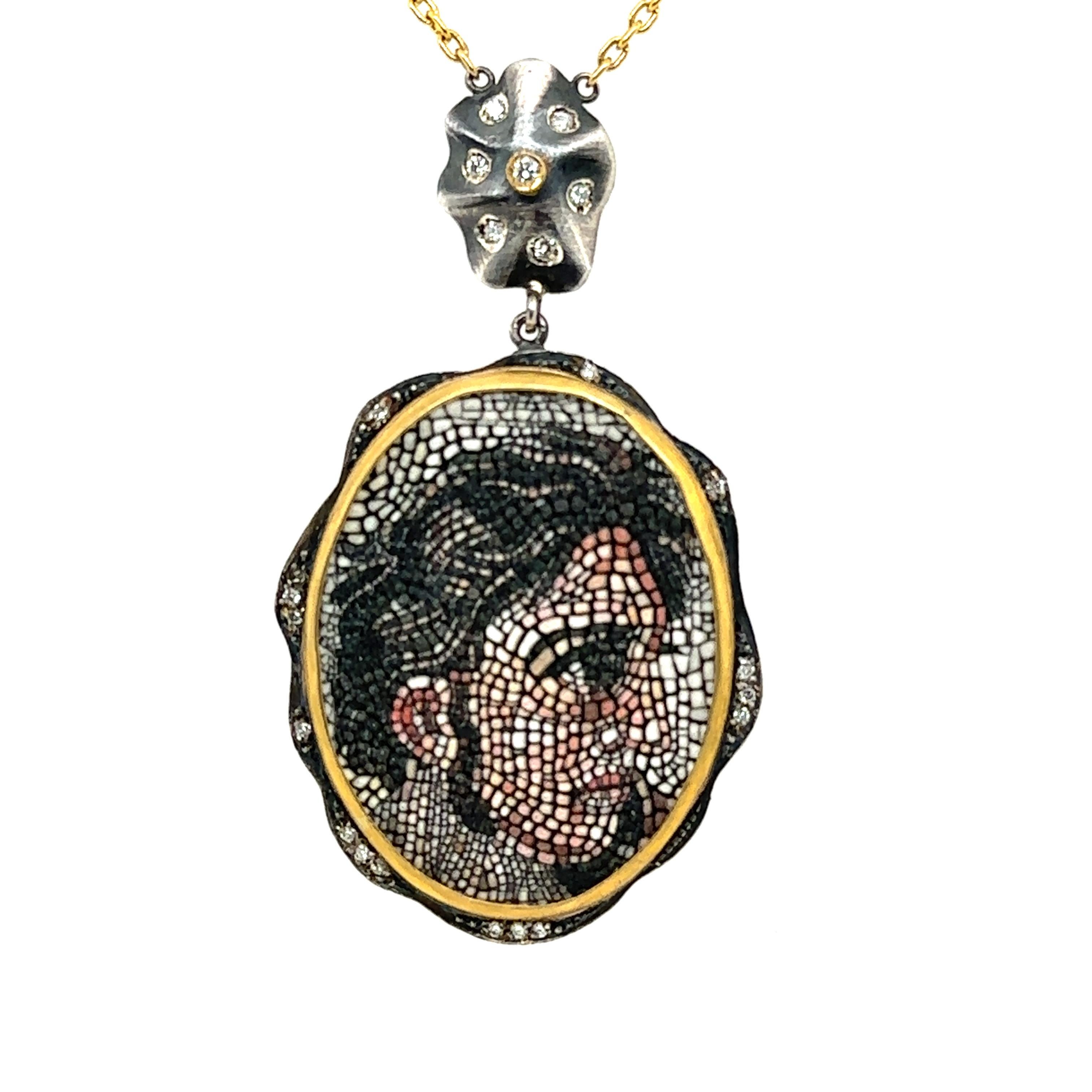 JAS-20-2055 - 24KT GOLD/SS MOSAIC PENDANT with DIAMONDS  In New Condition For Sale In New York, NY