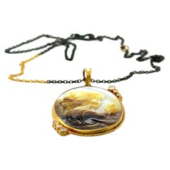 JAS-20-2056 - 24KT GOLD/SS MOTHER OF PEARL INTAGLIO PENDANT with DIAMONDS