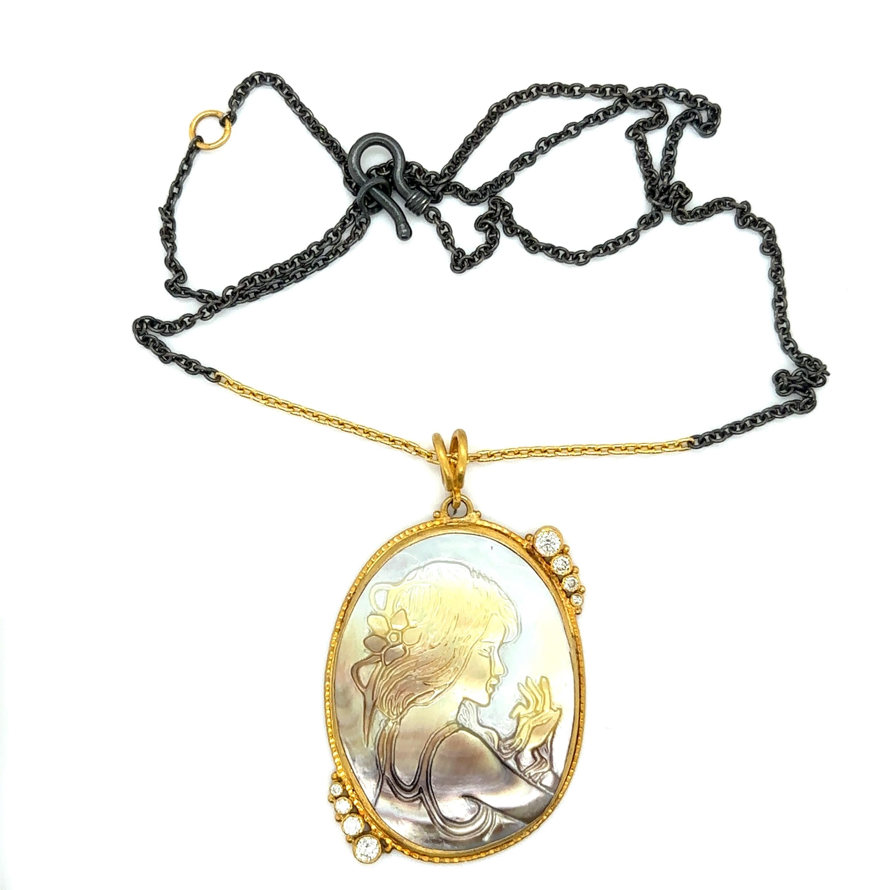 Modern JAS-20-2056 - 24KT GOLD/SS MOTHER OF PEARL INTAGLIO PENDANT with DIAMONDS For Sale