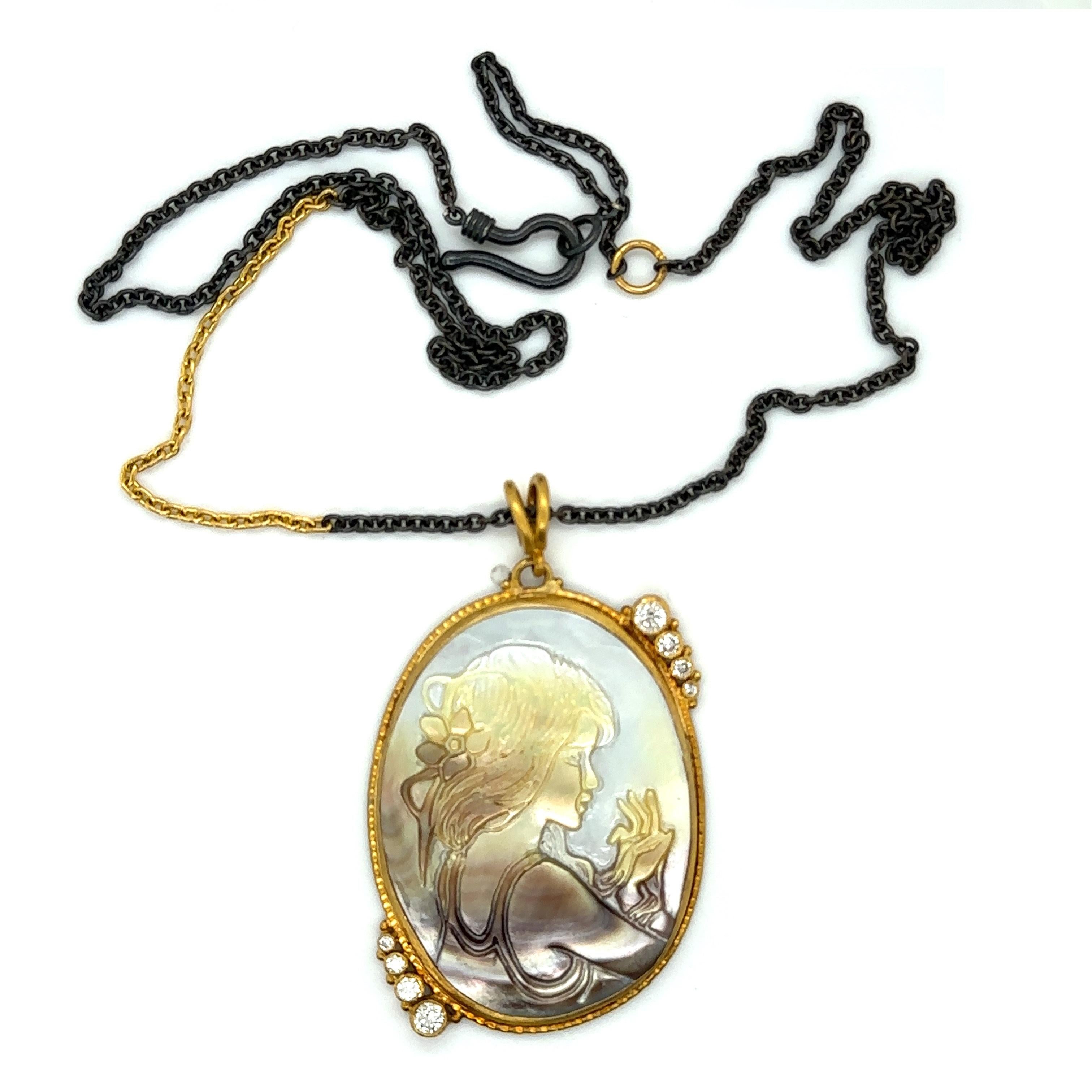 Oval Cut JAS-20-2056 - 24KT GOLD/SS MOTHER OF PEARL INTAGLIO PENDANT with DIAMONDS For Sale