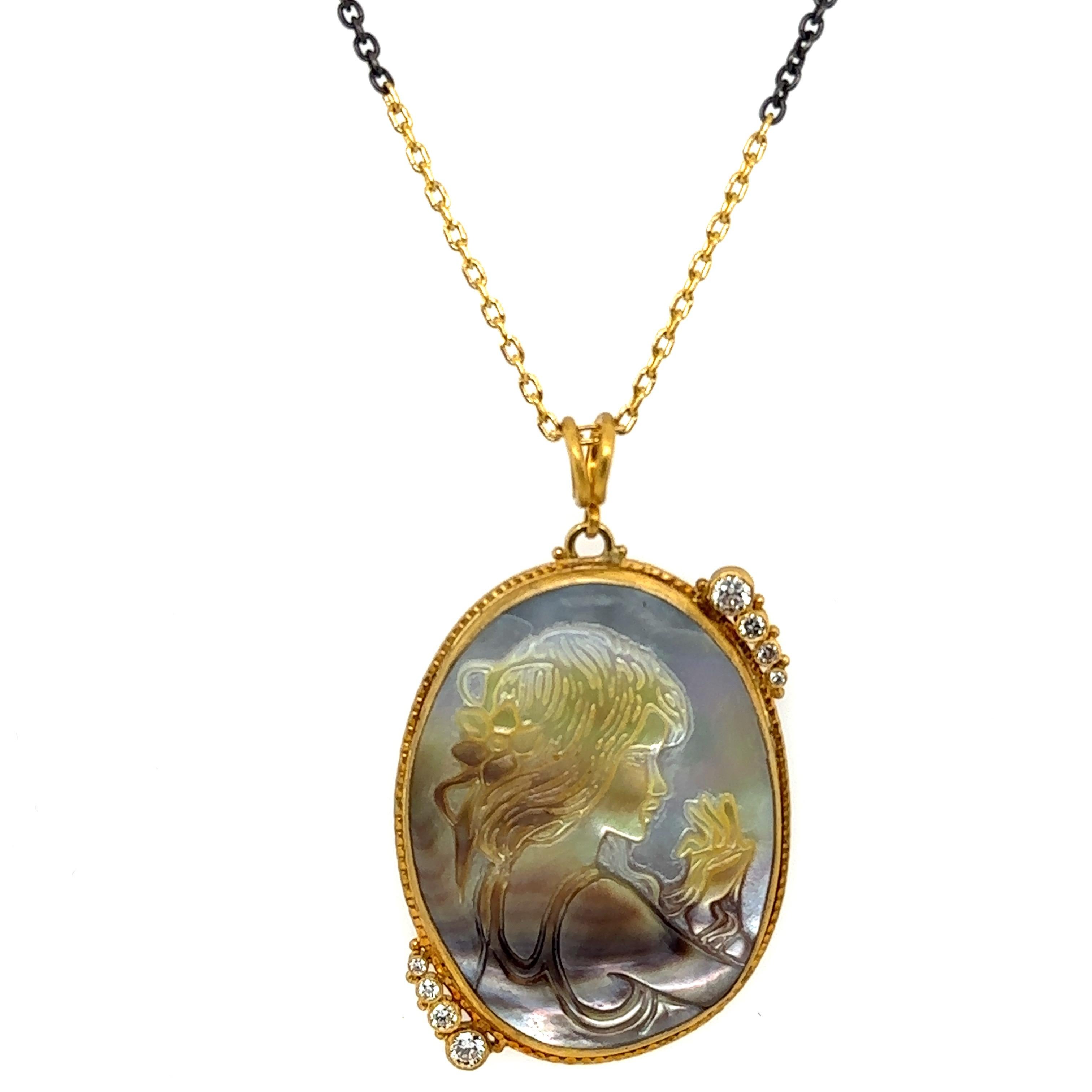 Women's JAS-20-2056 - 24KT GOLD/SS MOTHER OF PEARL INTAGLIO PENDANT with DIAMONDS For Sale