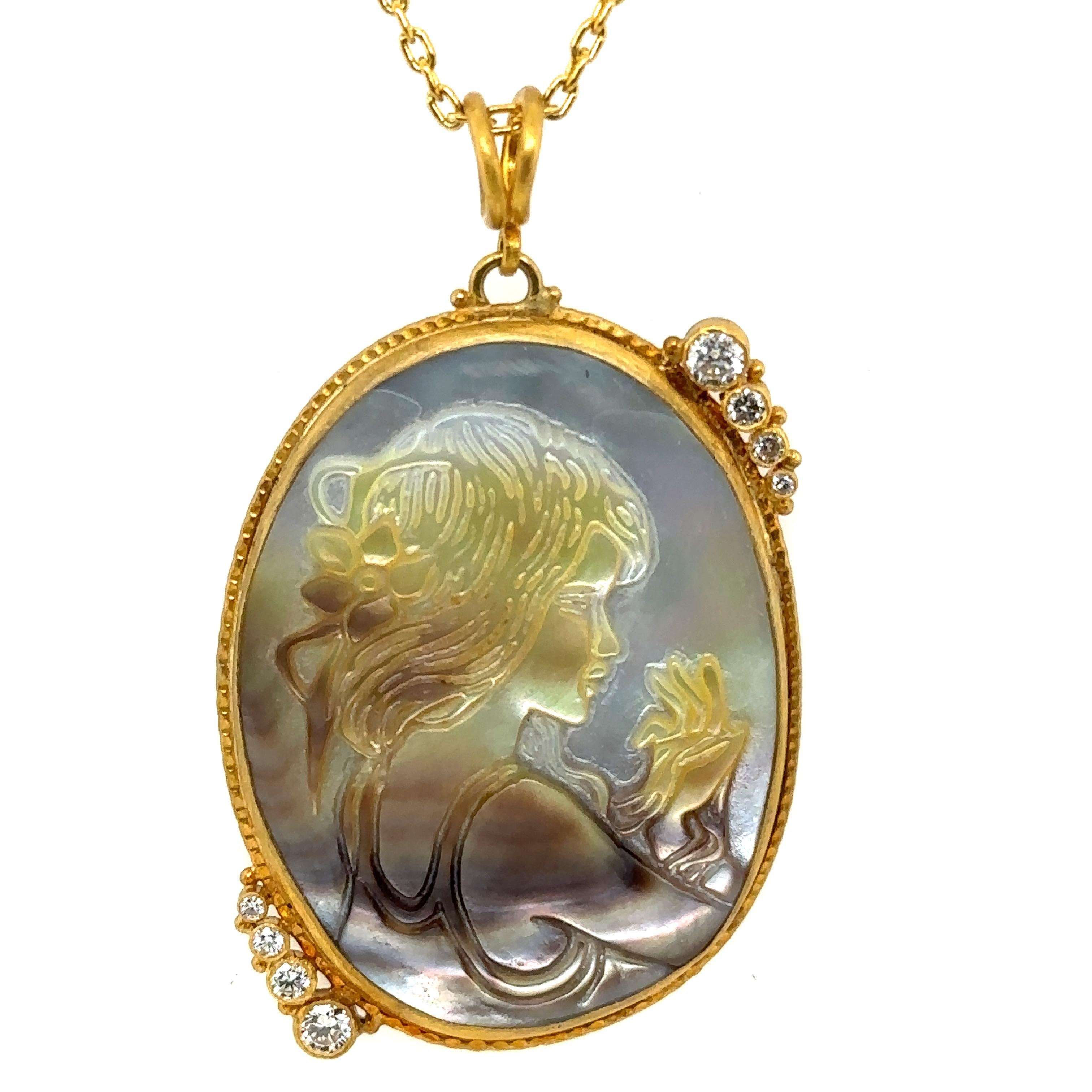 JAS-20-2056 - 24KT GOLD/SS MOTHER OF PEARL INTAGLIO PENDANT with DIAMONDS For Sale 1