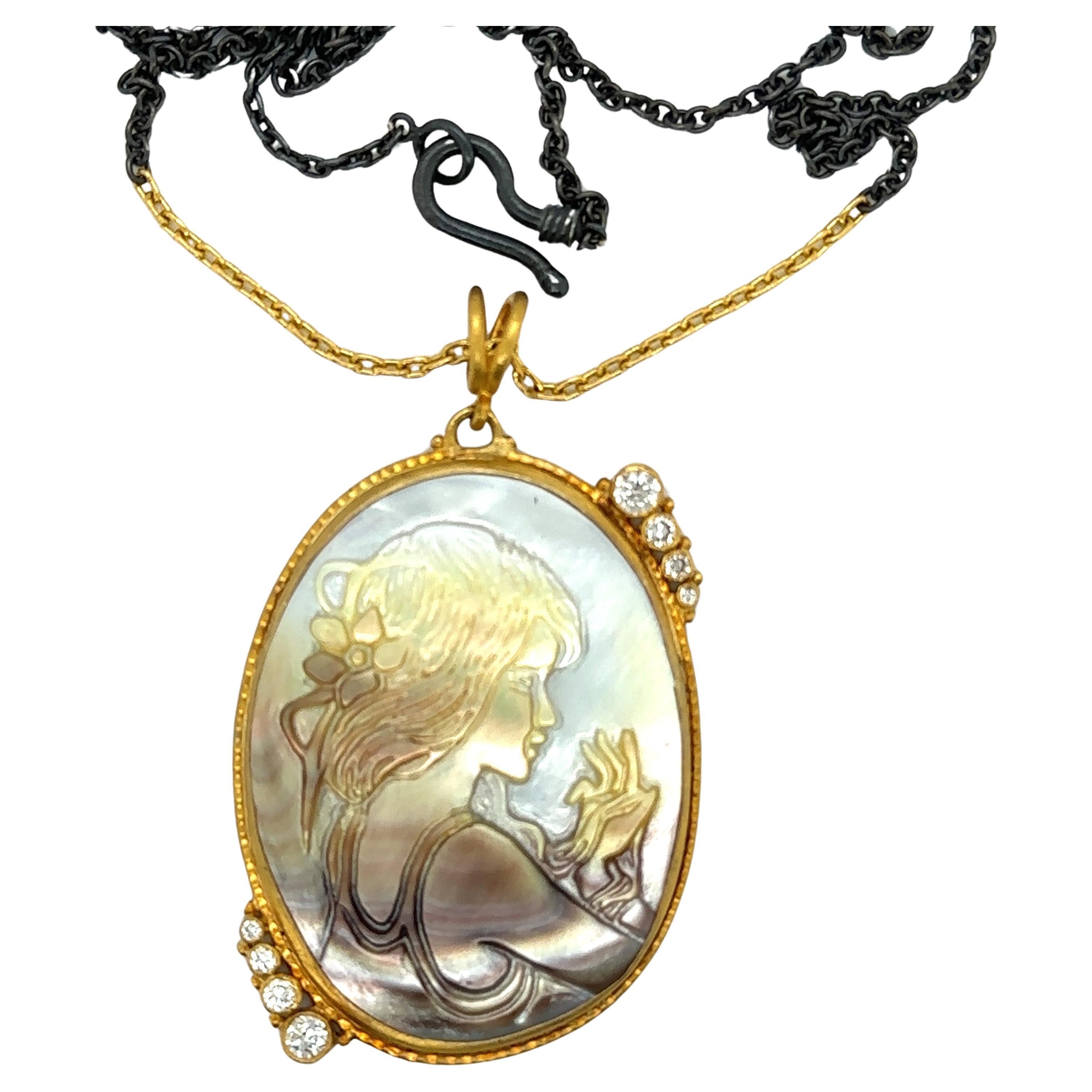 JAS-20-2056 - 24KT GOLD/SS MOTHER OF PEARL INTAGLIO PENDANT with DIAMONDS For Sale