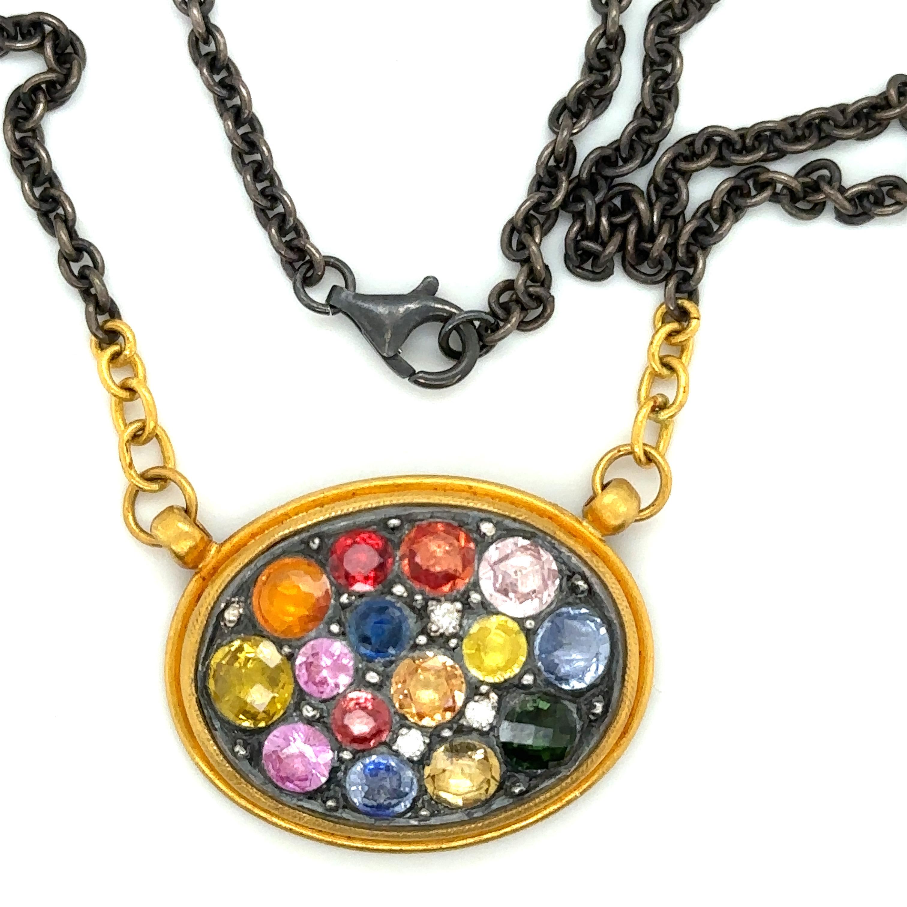 Moderno JAS-20-2059-Collana in ORO/SS 24KT OSSIDATA con zaffiri e diamanti multicolore in vendita