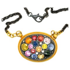 JAS-20-2059-24KT GOLD/SS OXIDIZED NECKLACE with MULTI COLOR SAPPHIRES & DIAMONDS