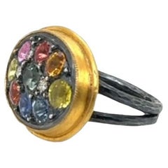 JAS-20-2060 - 24K/SS 0.08 Ct DIAMONDS, 3.97 Ct SAPPHIRES HAND MADE RING