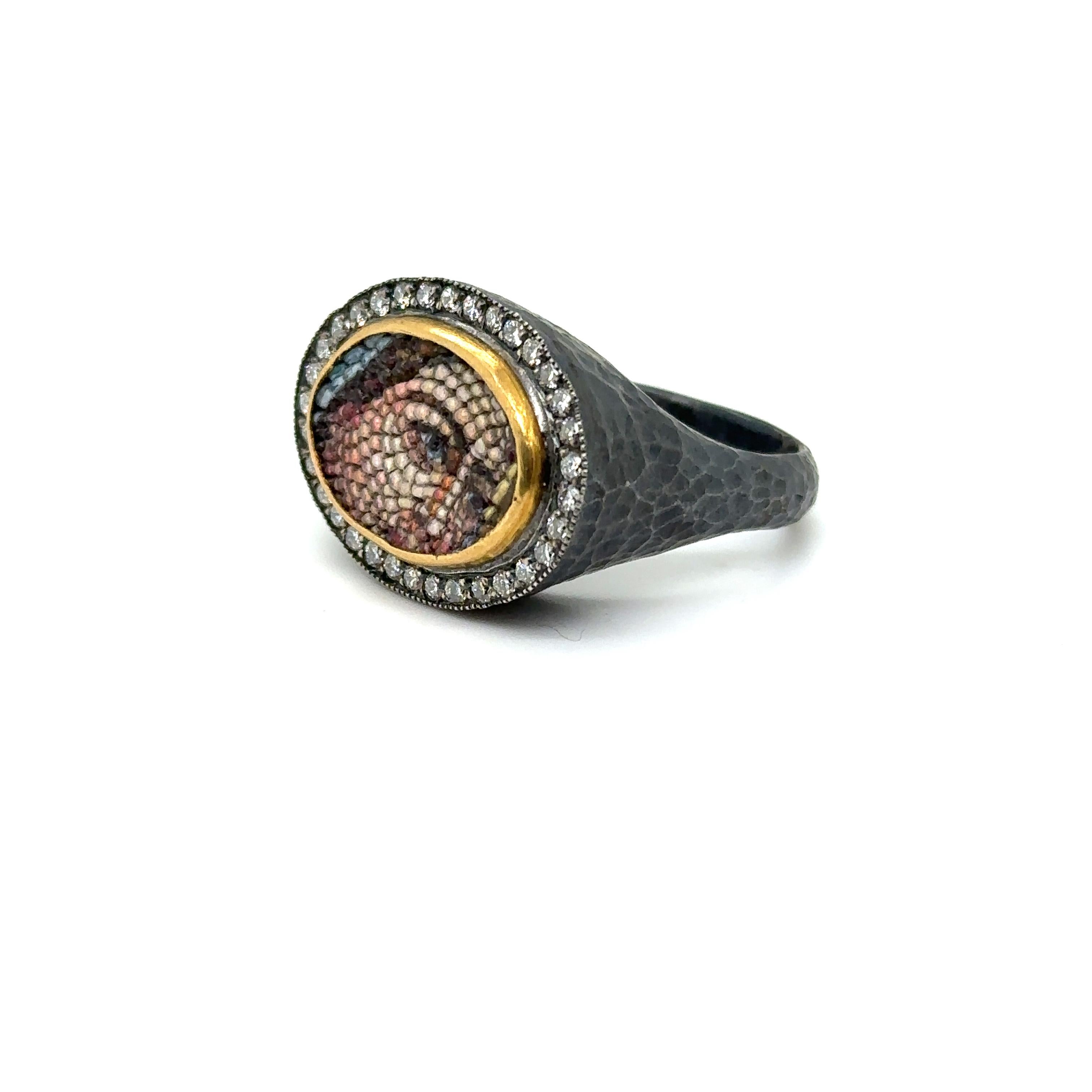 24KT GOLD/SS MICRO MOSAIC RING WITH 0.50CT DIAMONDS 
Metal: 24K GOLD/OXIDIZED SS
Diamond Info: 
I/J COLOR SI1/2 ROUND BRILLIANT DIAMONDS
Total Ct Weight:   0.50 cwt.
Item Weight   12.50 gm
Ring Size:   8 (Re-sizable)
Measurements:  17 mm x 22.50 mm
